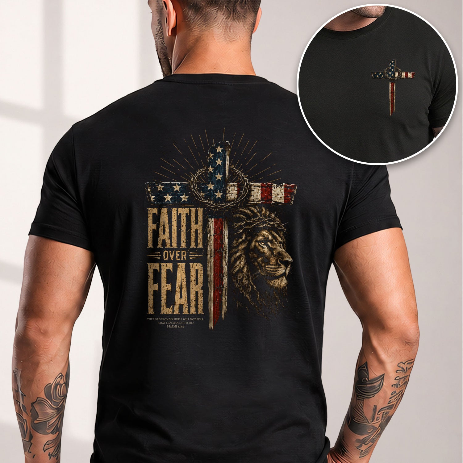 Faith Over Fear T Shirt Christian American Flag Lion Cross Psalms 118 6 Religious Tee - Rust Field Wear