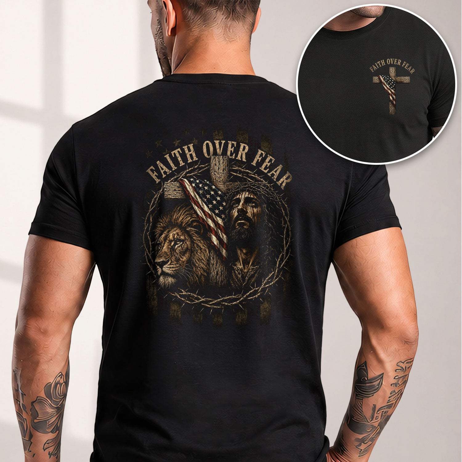 Faith Over Fear T Shirt Christian Jesus Lion American Flag Cross Crown Of Thorns Tee - Rust Field Wear