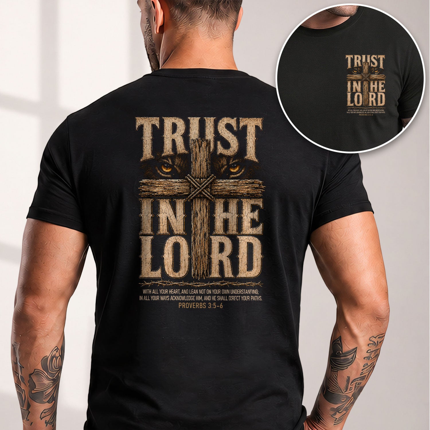 Trust In The Lord T Shirt Christian Lion Cross Proverbs 3 5 6 Religious Faith Tee - Rust Field Wear