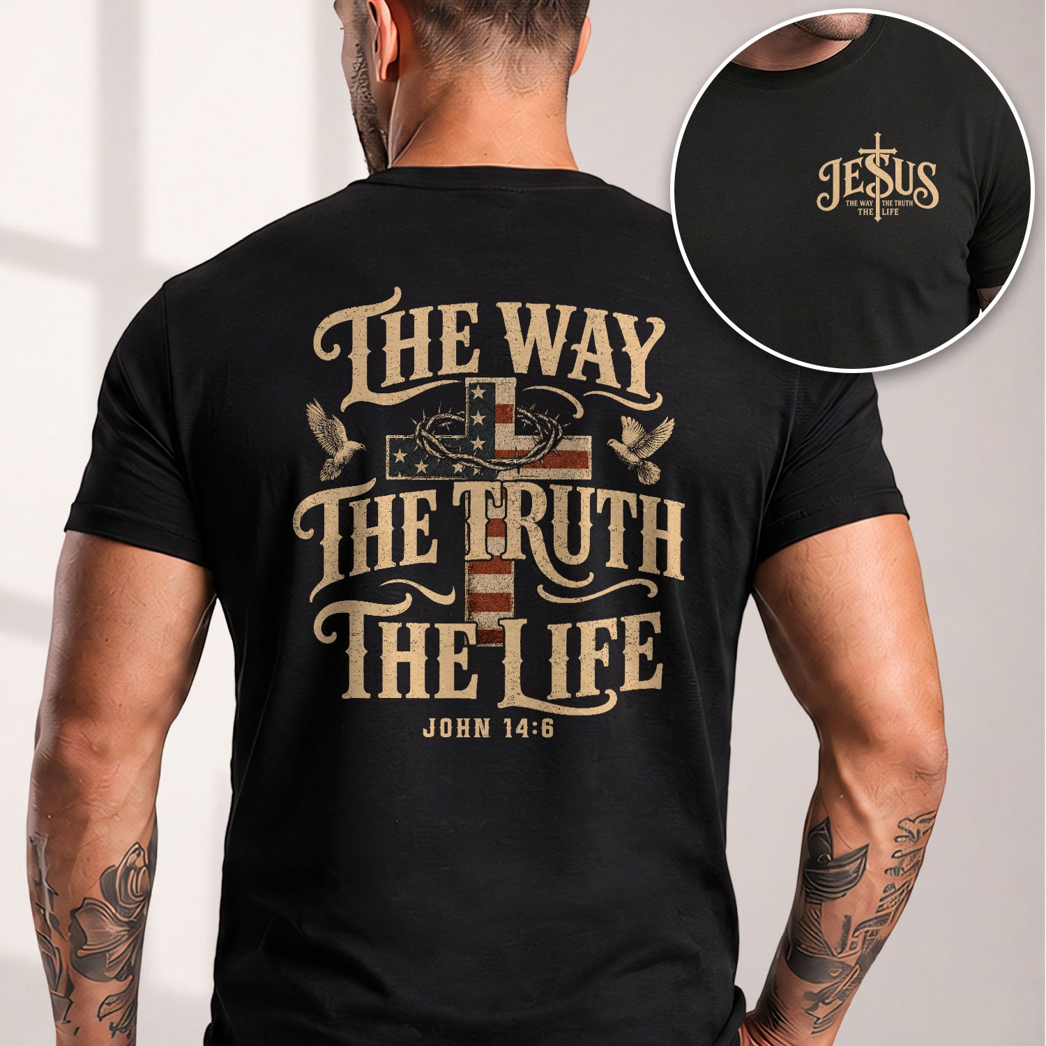The Way The Truth The Life John American Flag Cross Crown Of Thorns Graphic T Shirt Men - Rust Field Wear