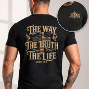 The Way The Truth The Life John American Flag Cross Crown Of Thorns Graphic T Shirt Men - Rust Field Wear