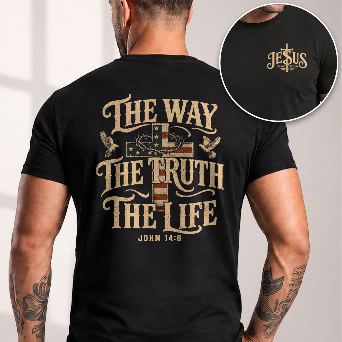 The Way The Truth The Life John American Flag Cross Crown Of Thorns Graphic T Shirt Men - Rust Field Wear