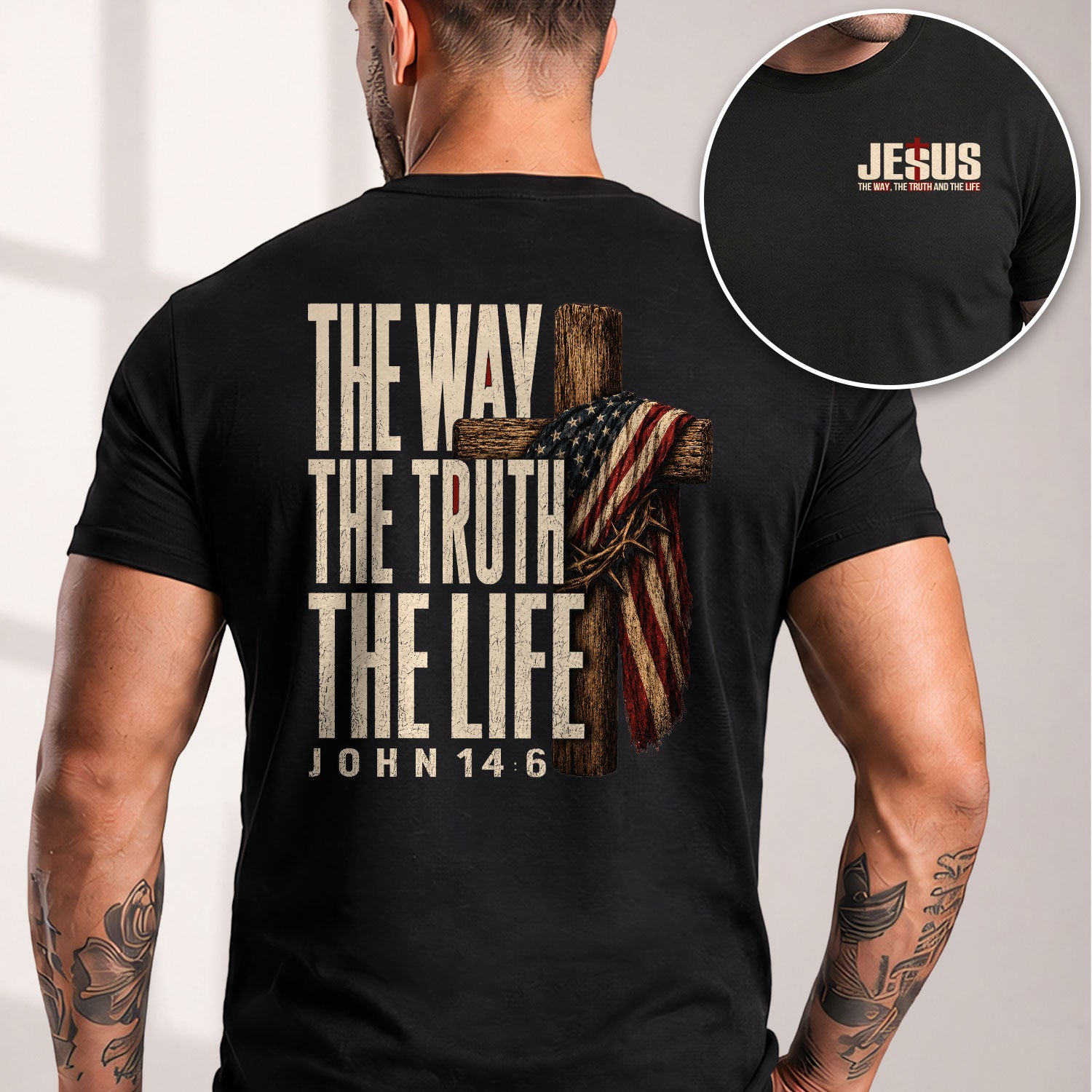 The Way The Truth The Life Christian T Shirt with American Flag Cross and Crown of Thorns - Rust Field Wear
