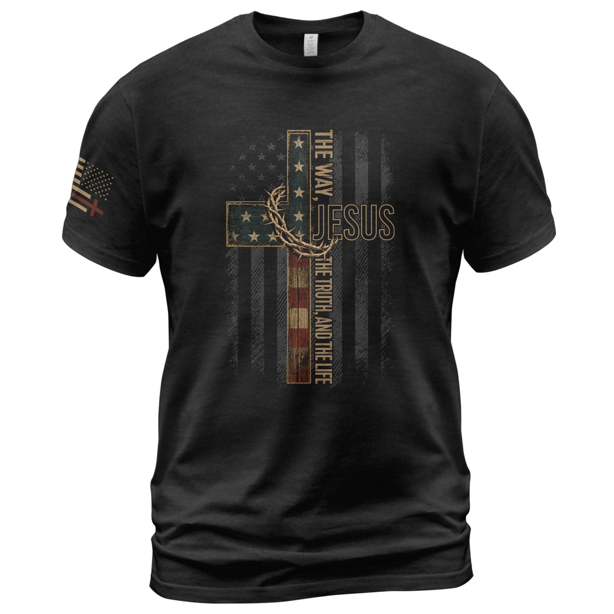 Jesus The Way The Truth And The Life American Flag Cross Crown Of Thorns T Shirt Men - Rust Field Wear