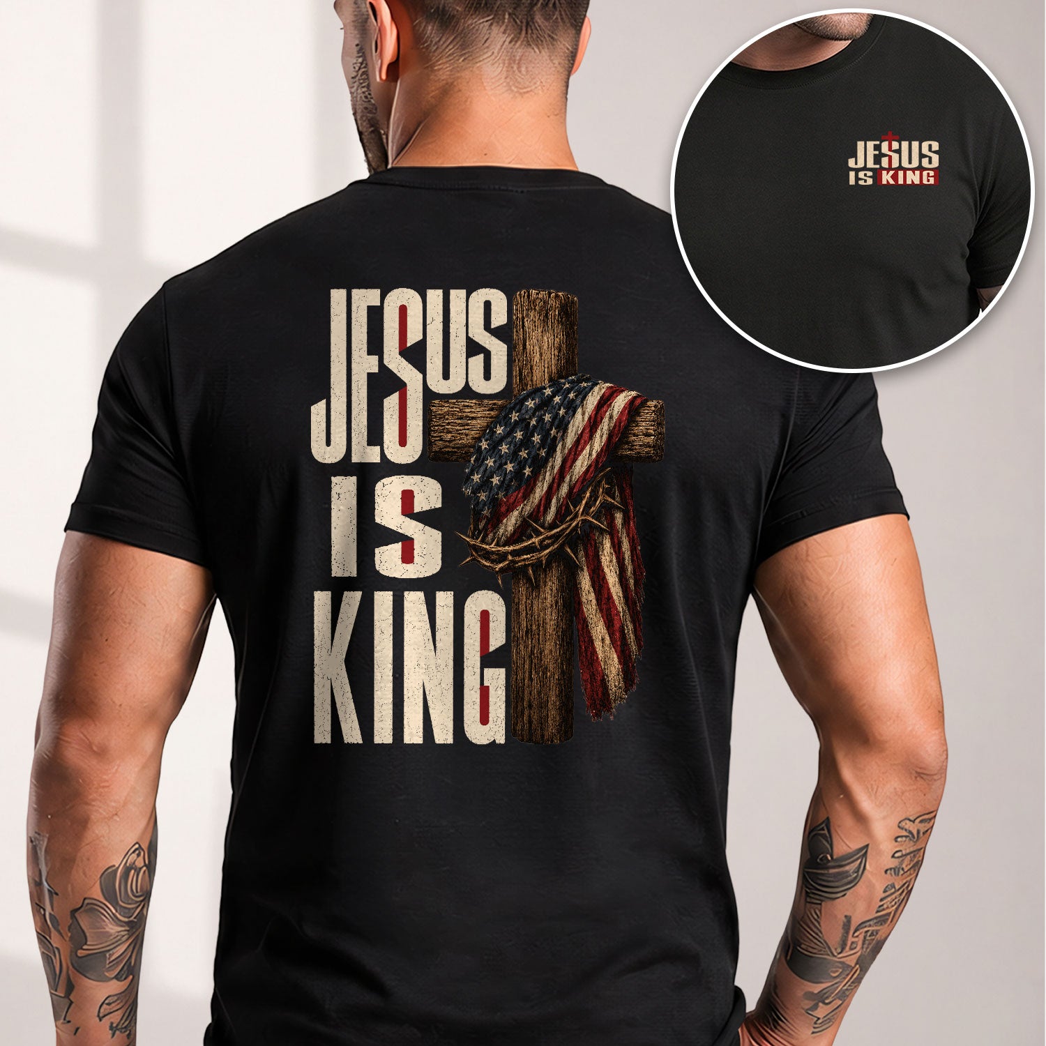 Jesus Is King Shirt Patriotic Christian Men Shirt Wooden Cross American Flag Crown Of Thorns - Rust Field Wear