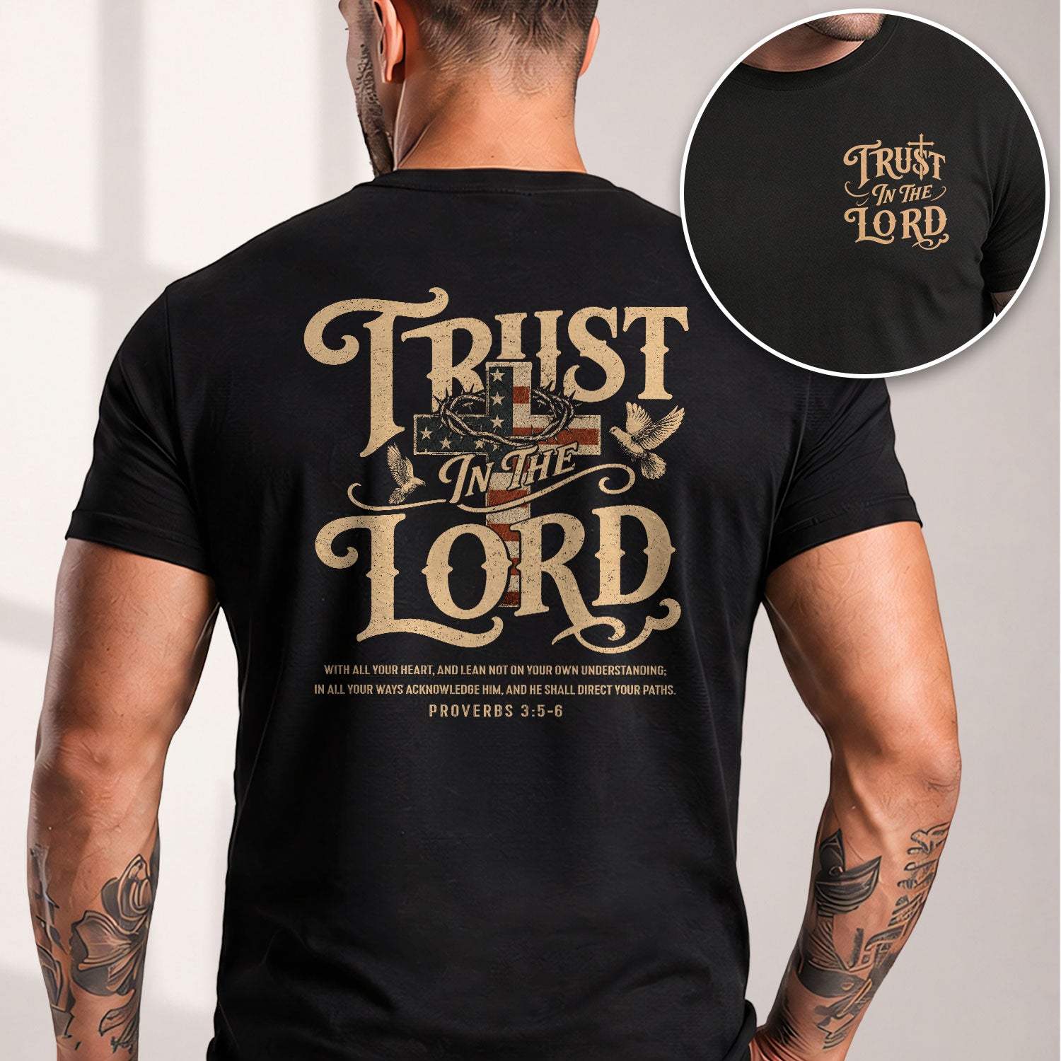 Trust In The Lord Proverbs American Flag Cross Doves Christian Graphic T Shirt Men - Rust Field Wear