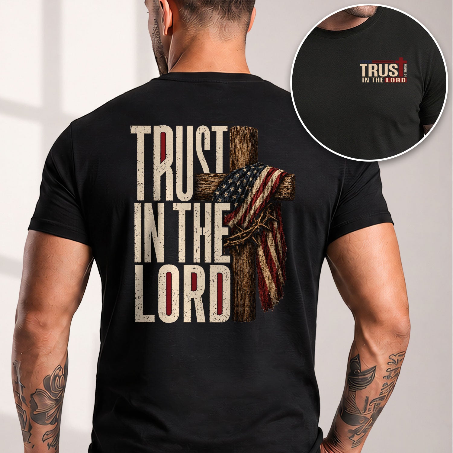 Trust In The Lord American Flag Cross Crown Of Thorns Christian Graphic T Shirt Men - Rust Field Wear