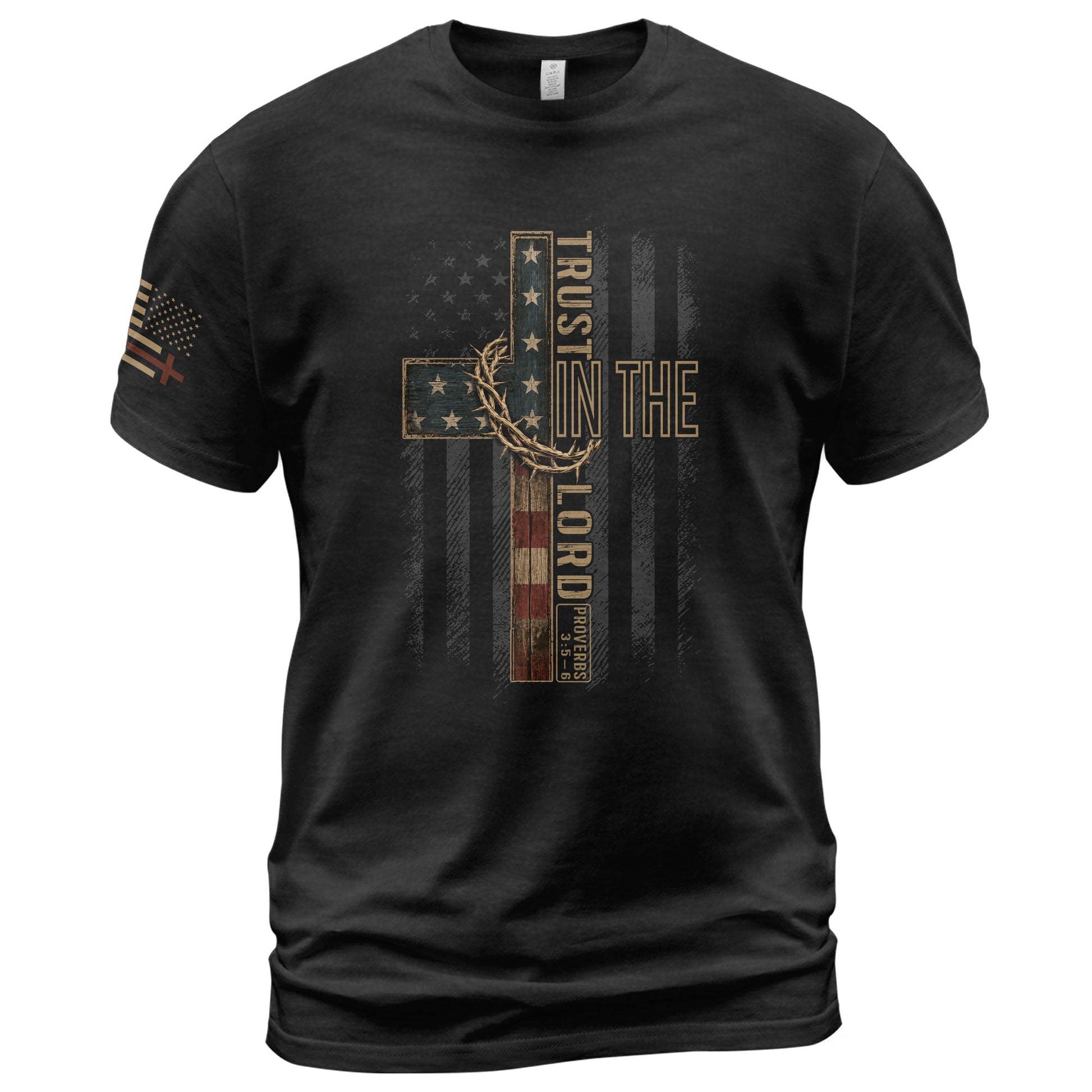 Trust In The Lord Proverbs American Flag Crown Of Thorns Christian Graphic T Shirt Men - Rust Field Wear