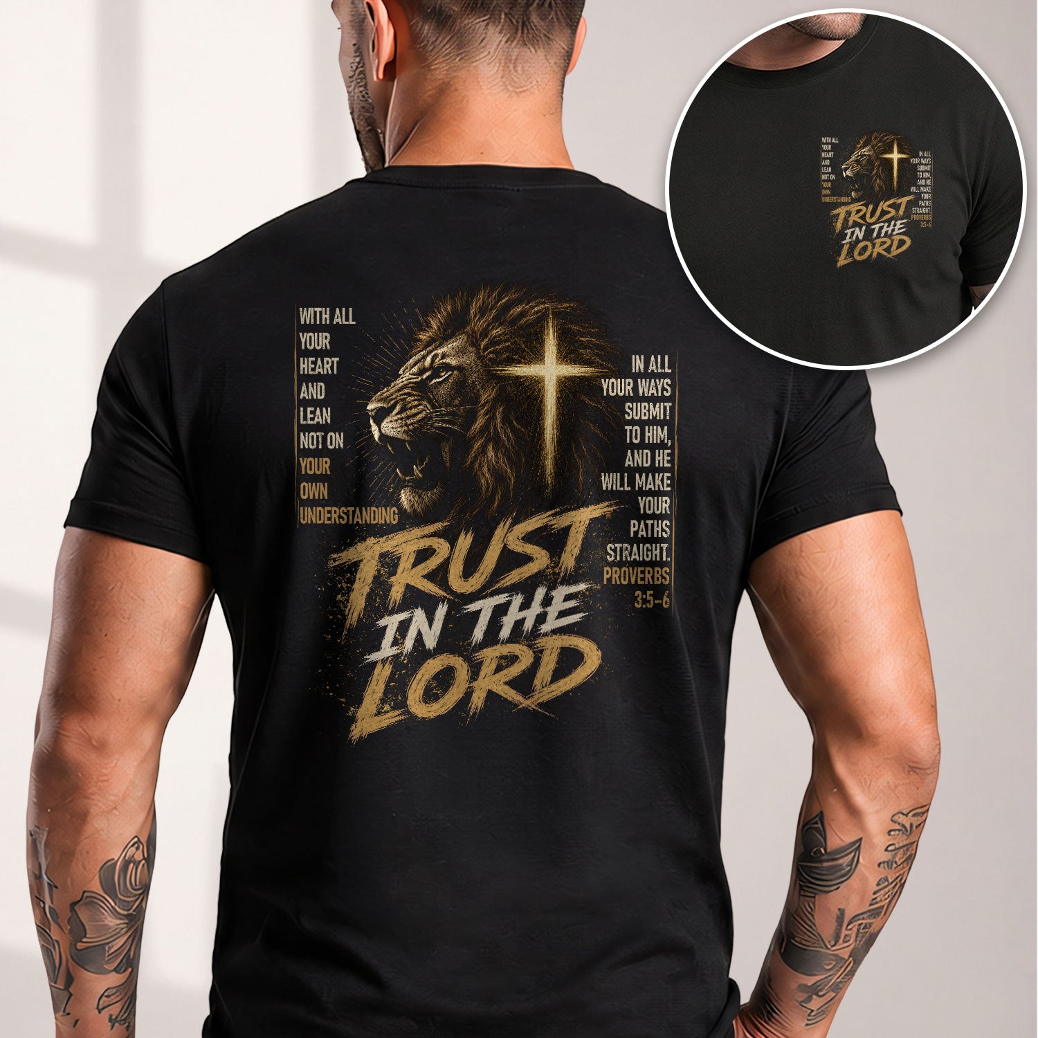 Trust In The Lord Lion Cross Scripture Christian Graphic Casual Crewneck Tee Shirt Men - Rust Field Wear