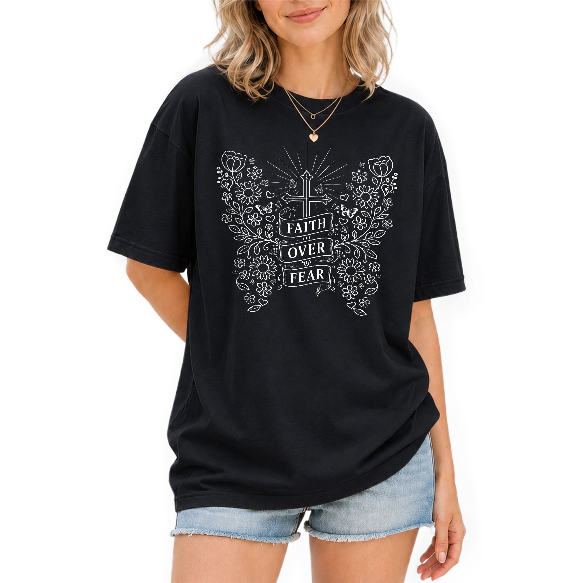 Faith Over Fear Shirt Christian Women Shirt Floral Butterfly Cross Aesthetic Jesus Tee - Rust Field Wear