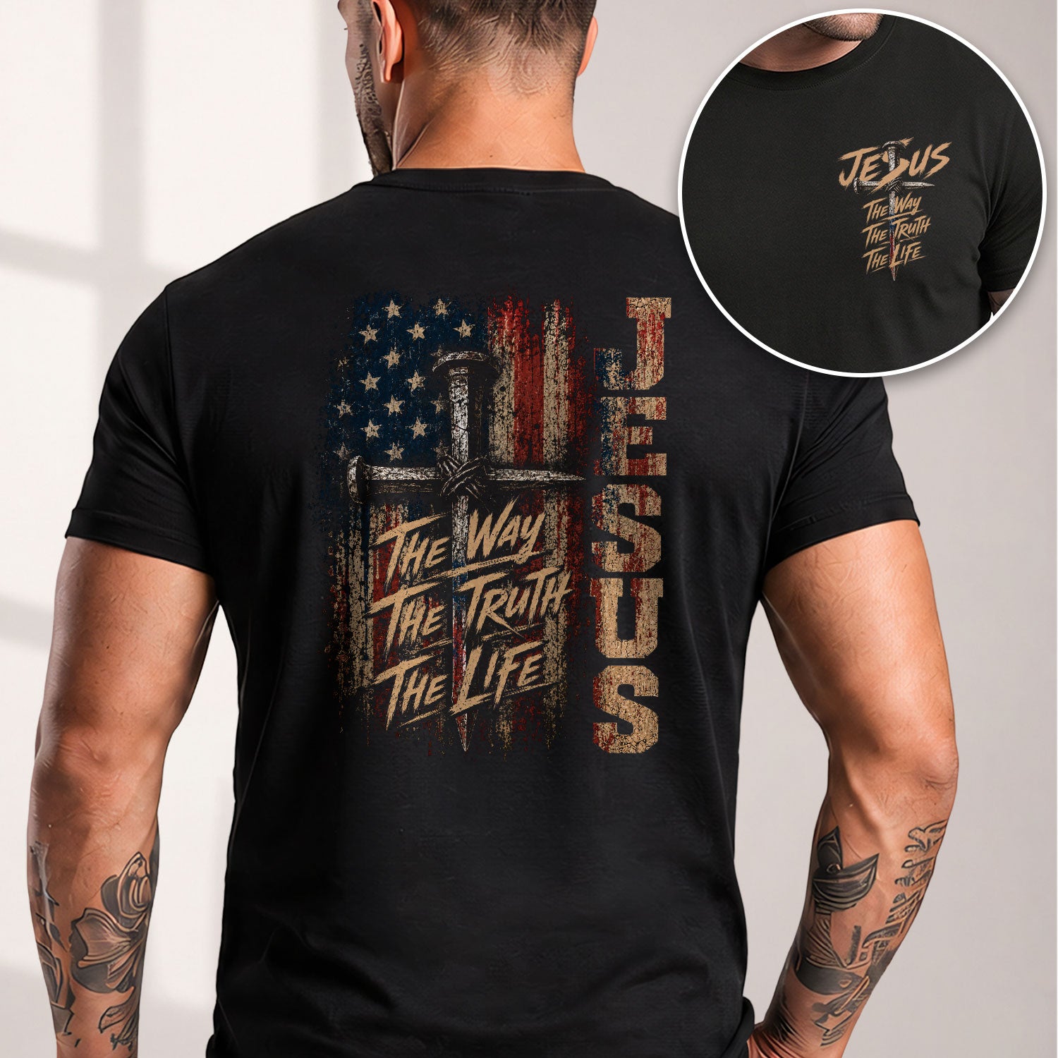 Jesus The Way The Truth The Life Shirt American Flag Cross Christian Graphic Casual Men - Rust Field Wear