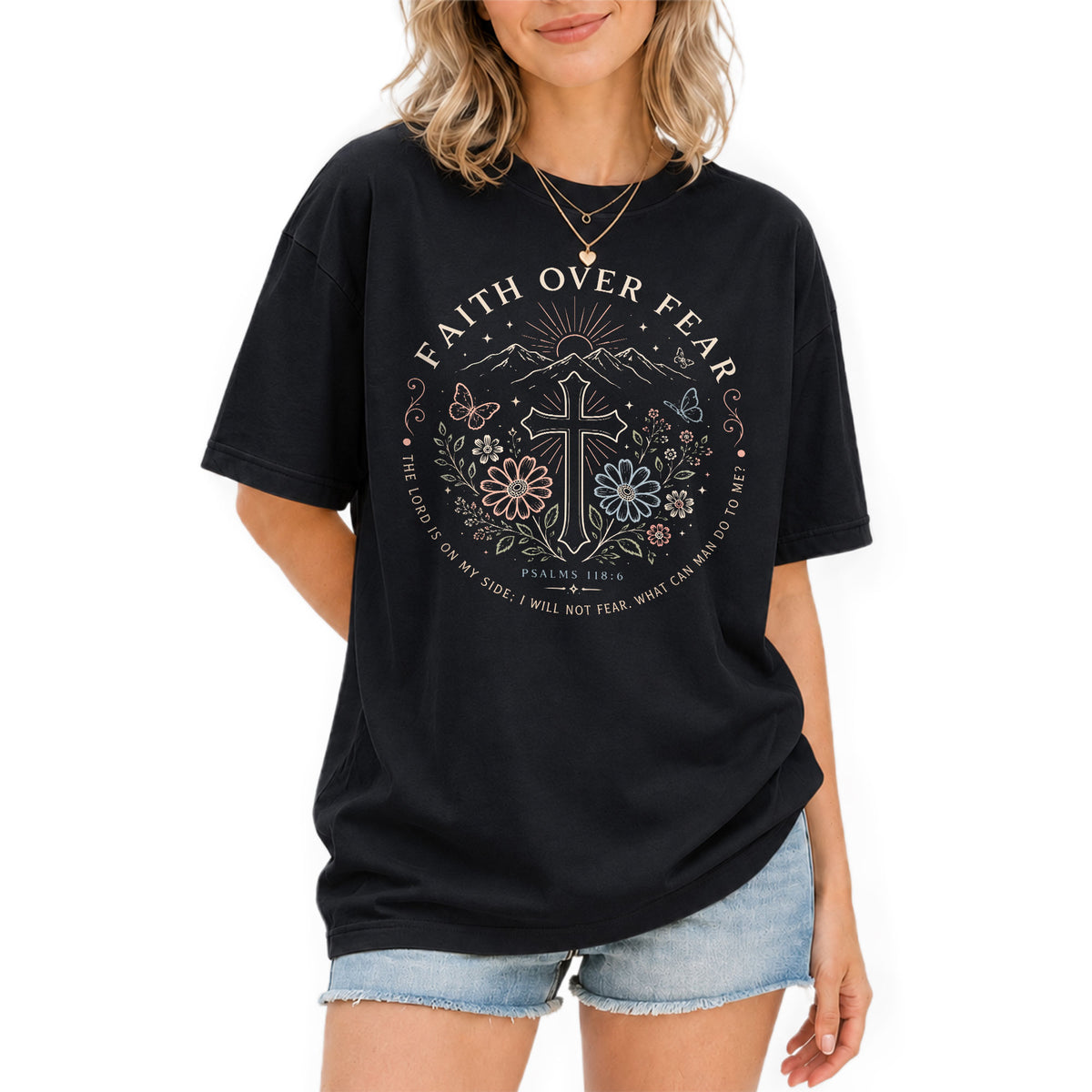 Devout Christian Faith Over Fear Cross Aesthetic Women Graphic Tee Shirt Vintage - Rust Field Wear