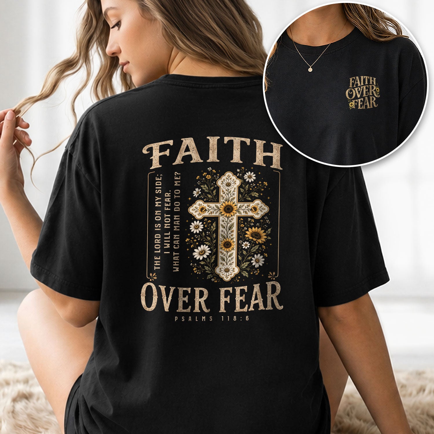 Faith Over Fear Shirt Women Christian Floral Cross T-Shirt Bible Verse Tee Comfort Colors