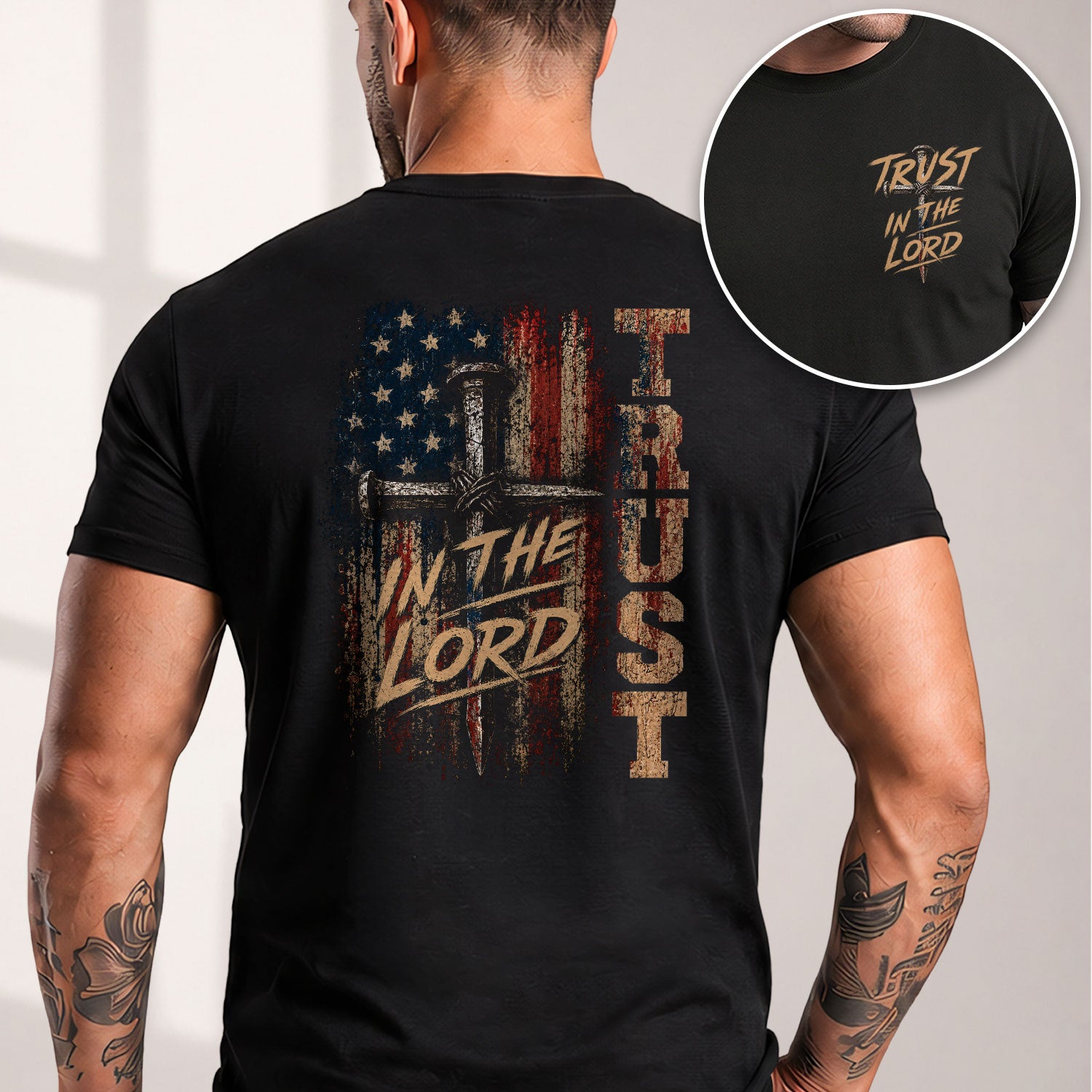 Trust In The Lord Shirt Mens Jesus Cross Flag Tee Christian Religious Graphic Shirt - Rust Field Wear