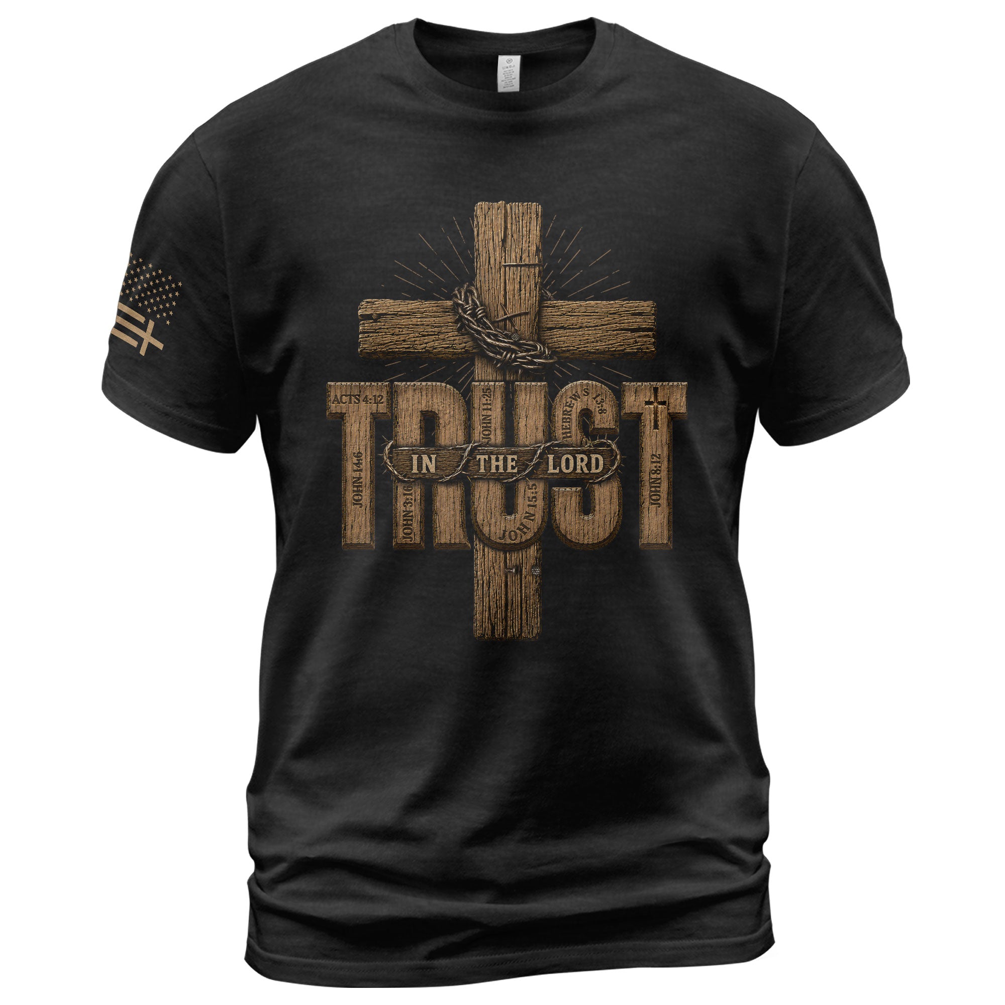 Trust In The Lord Mens Christian Shirt Wooden Cross Bible Verse Graphic T-Shirt - Rust Field Wear