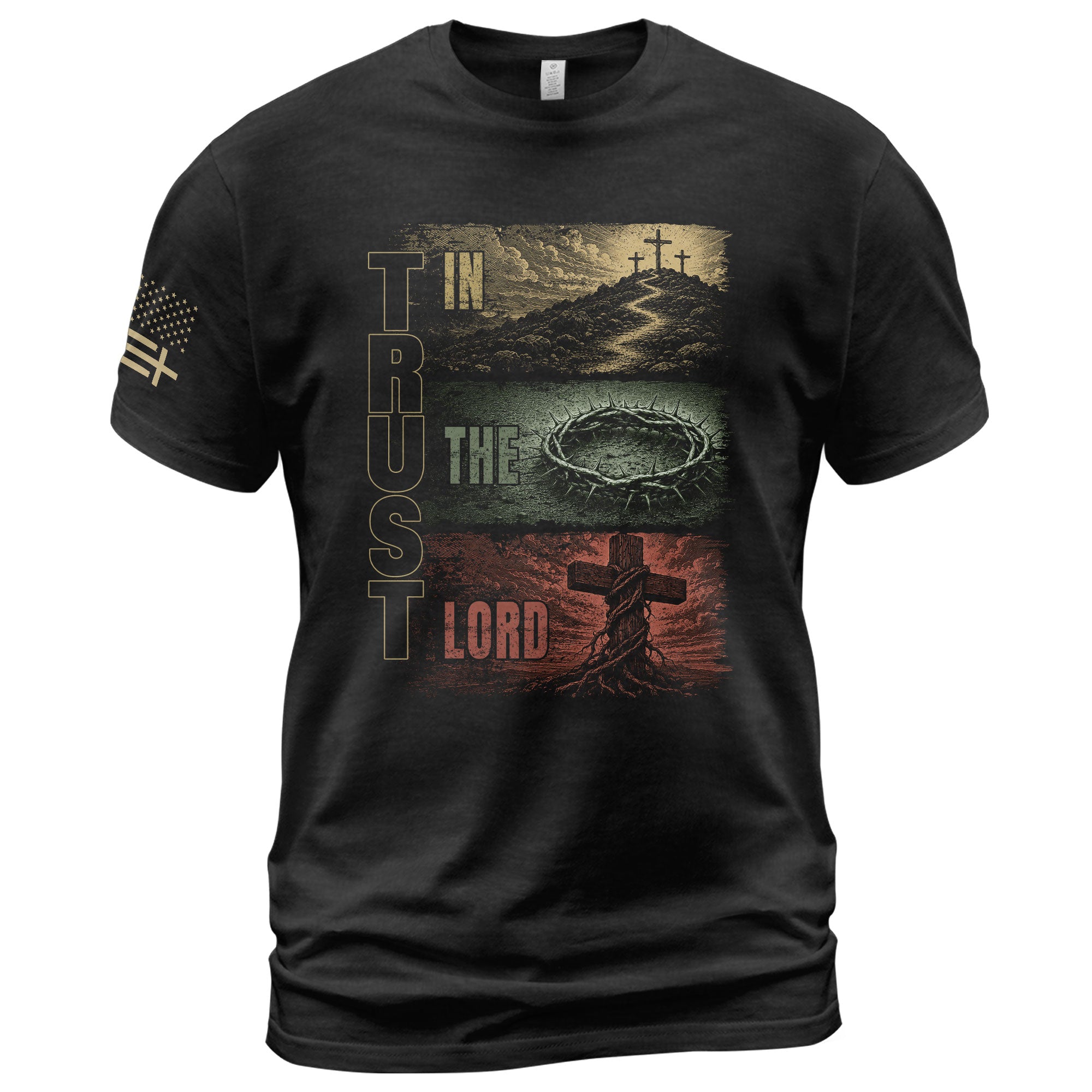 Trust In The Lord Shirt Mens Christian Calvary Cross Crown Thorns Religious Tee - Rust Field Wear