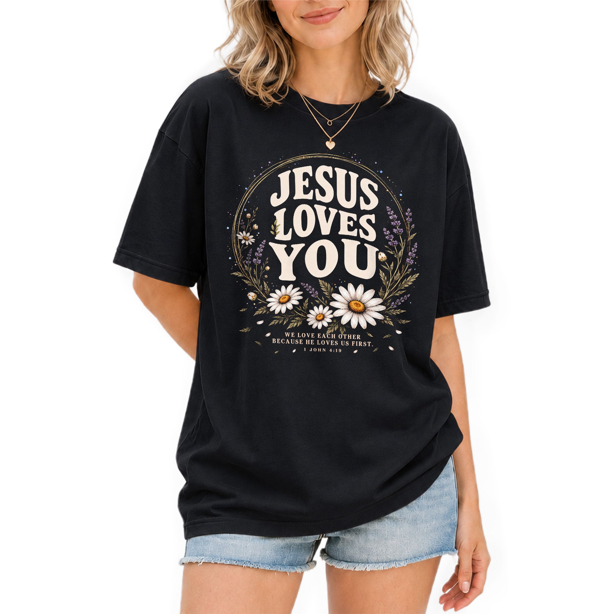 Jesus Loves You Shirt Christian Women Floral Faith T-Shirt 1 John 4:19 Daisy Tee - Rust Field Wear