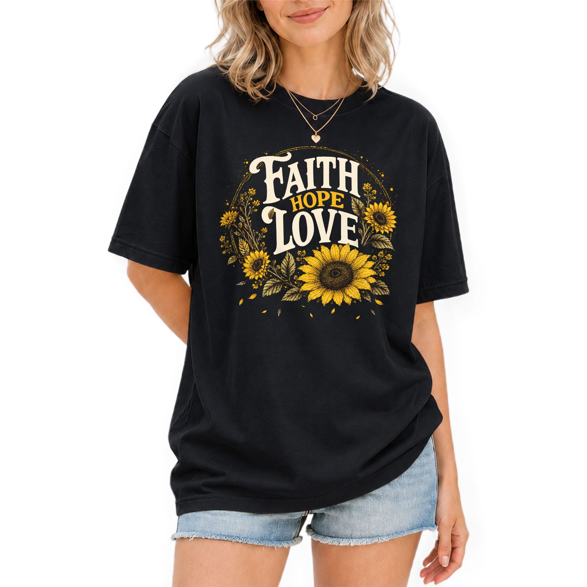 Faith Hope Love T-Shirt Christian Women Faith Shirt Sunflower Bible Verse Yellow Floral - Rust Field Wear