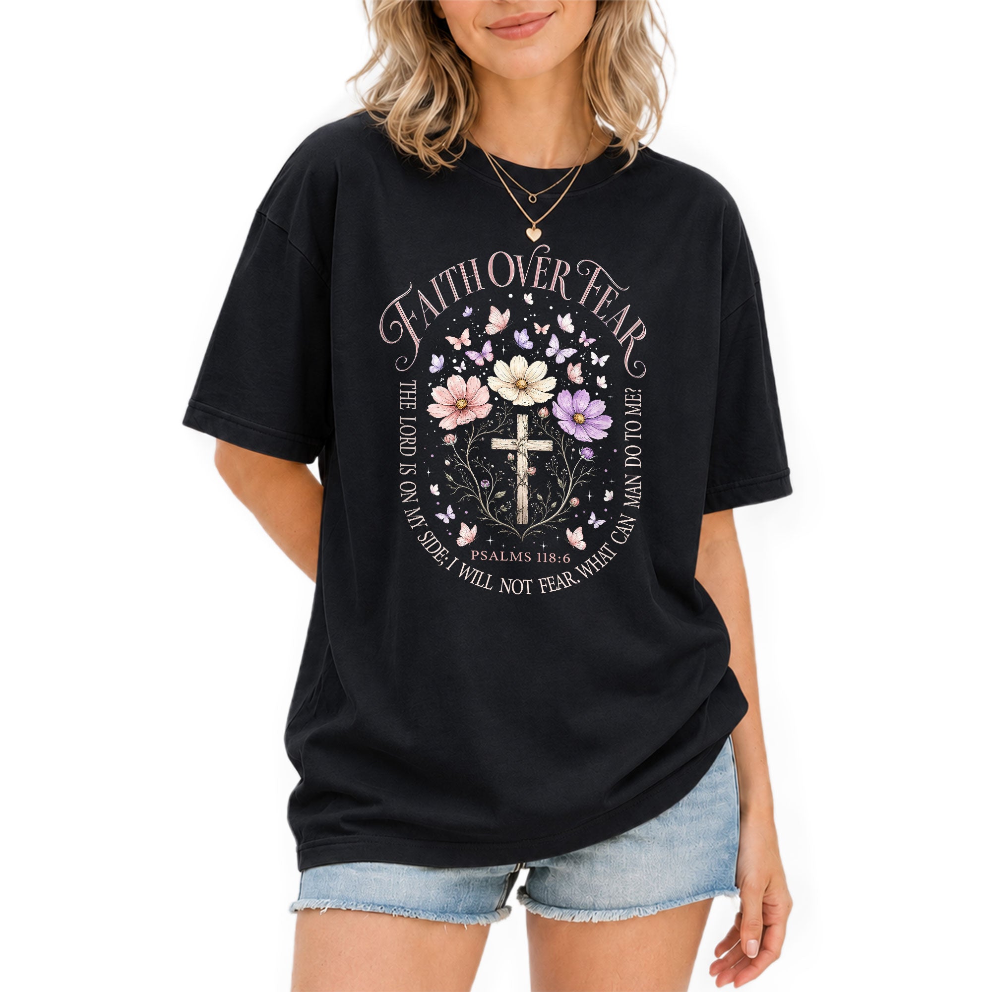 Faith Over Fear Psalms 118:6 Floral Cross Christian Graphic Tee For Women Apparel - Rust Field Wear