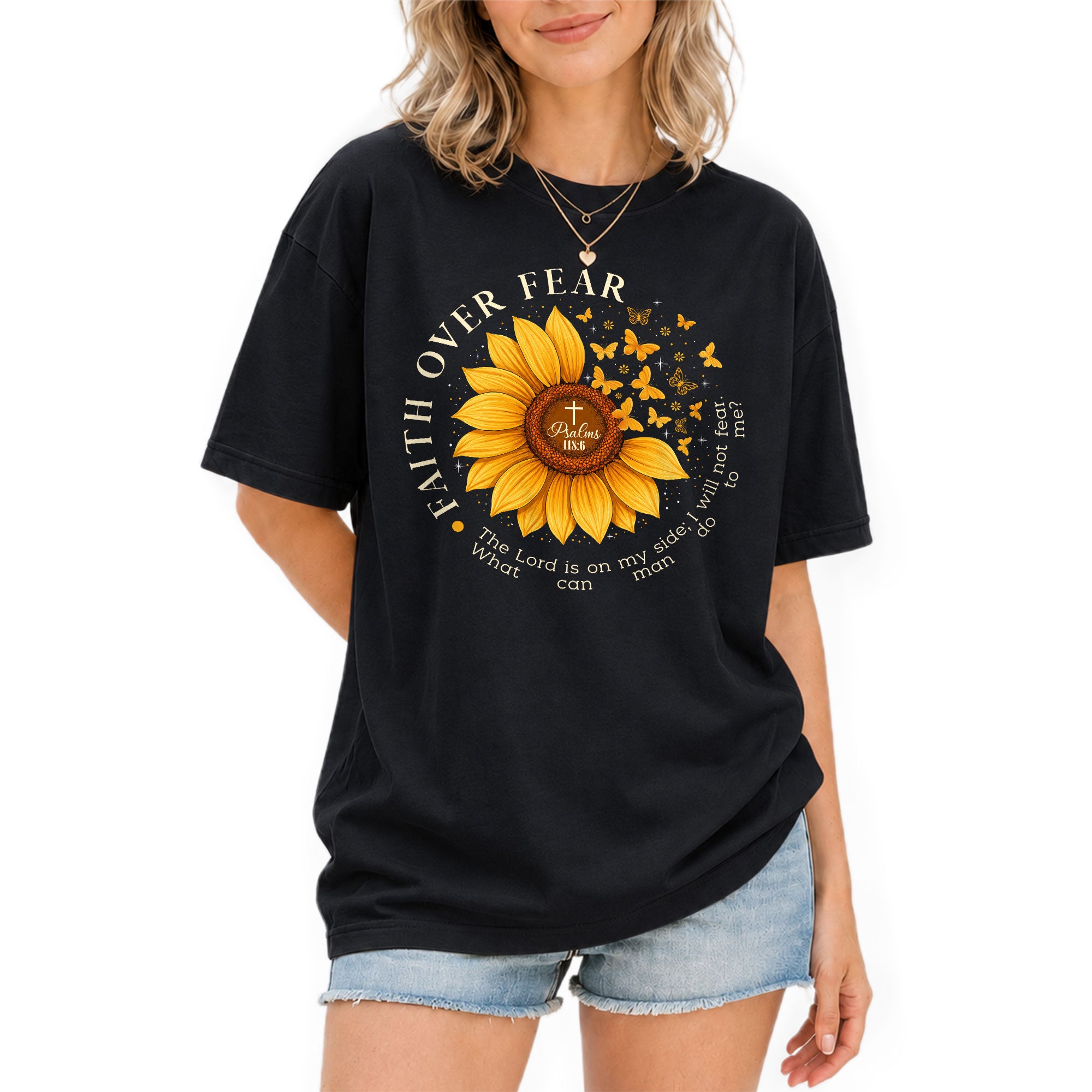 Faith Over Fear Psalms 118:6 Sunflower Butterfly Christian Graphic Tee For Women - Rust Field Wear