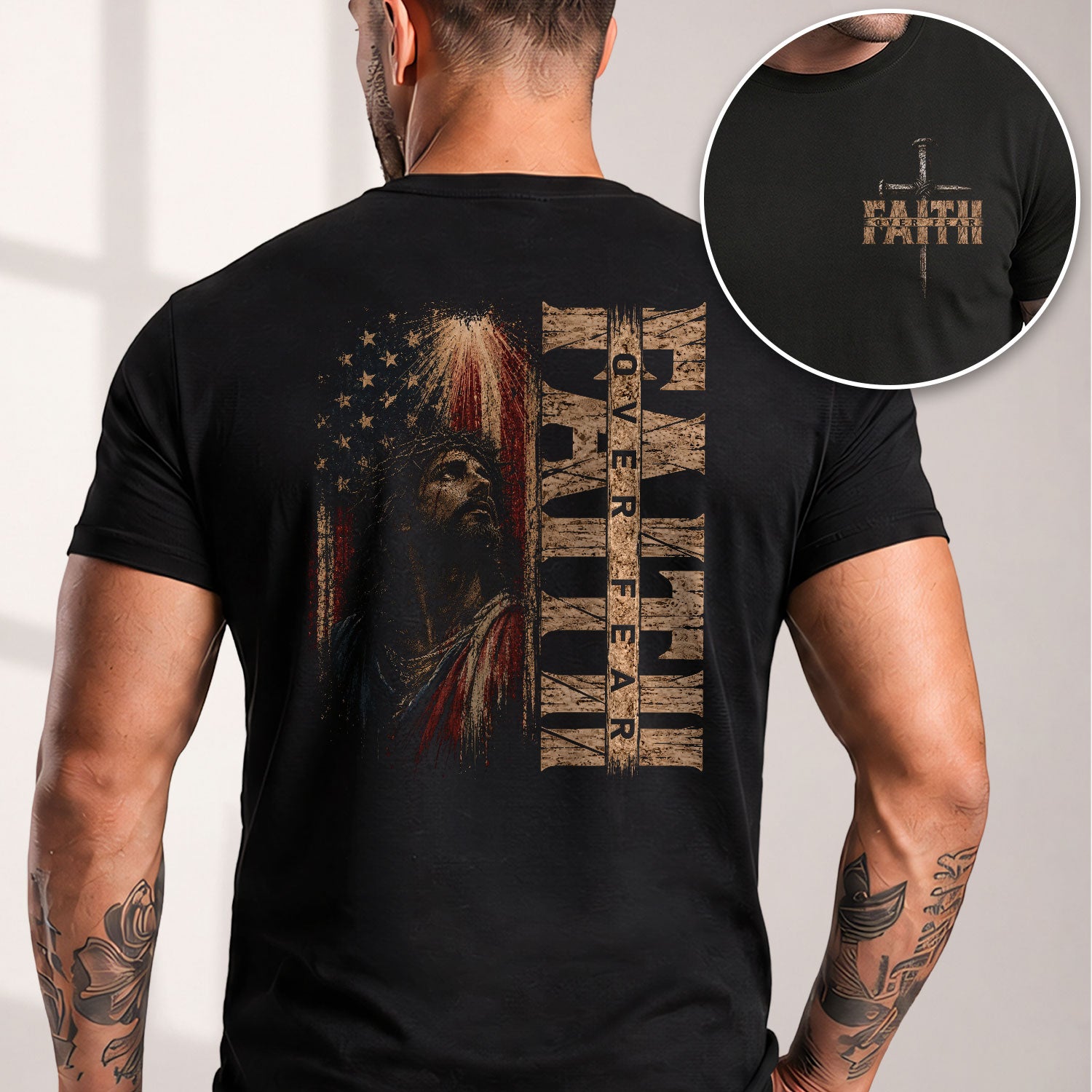 Faith Over Fear Jesus USA Flag Christian Graphic Tee Shirt For Men Faith Apparel - Rust Field Wear