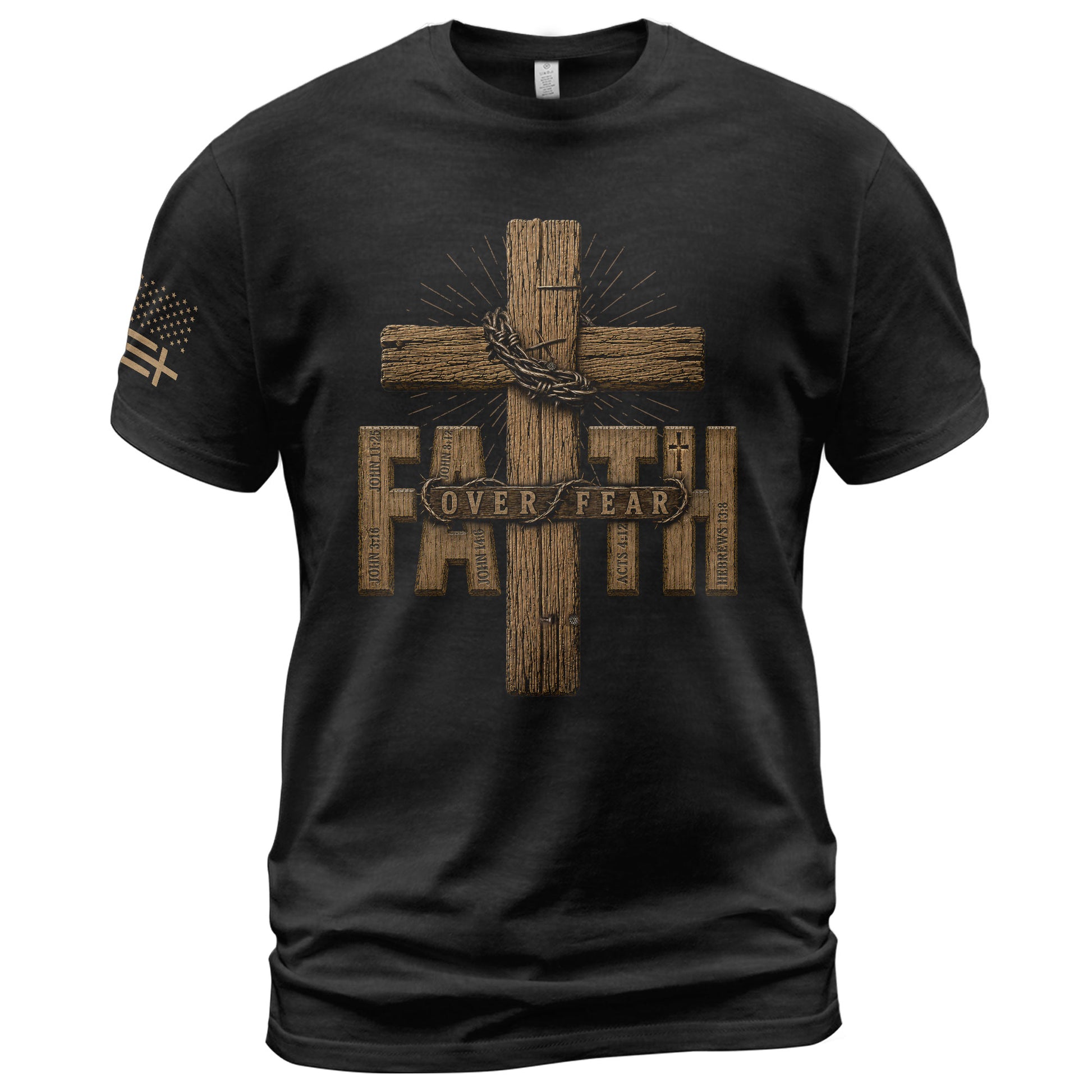Faith Over Fear Wood Cross Scripture Christian Graphic Tee Shirt For Men Apparel - Rust Field Wear