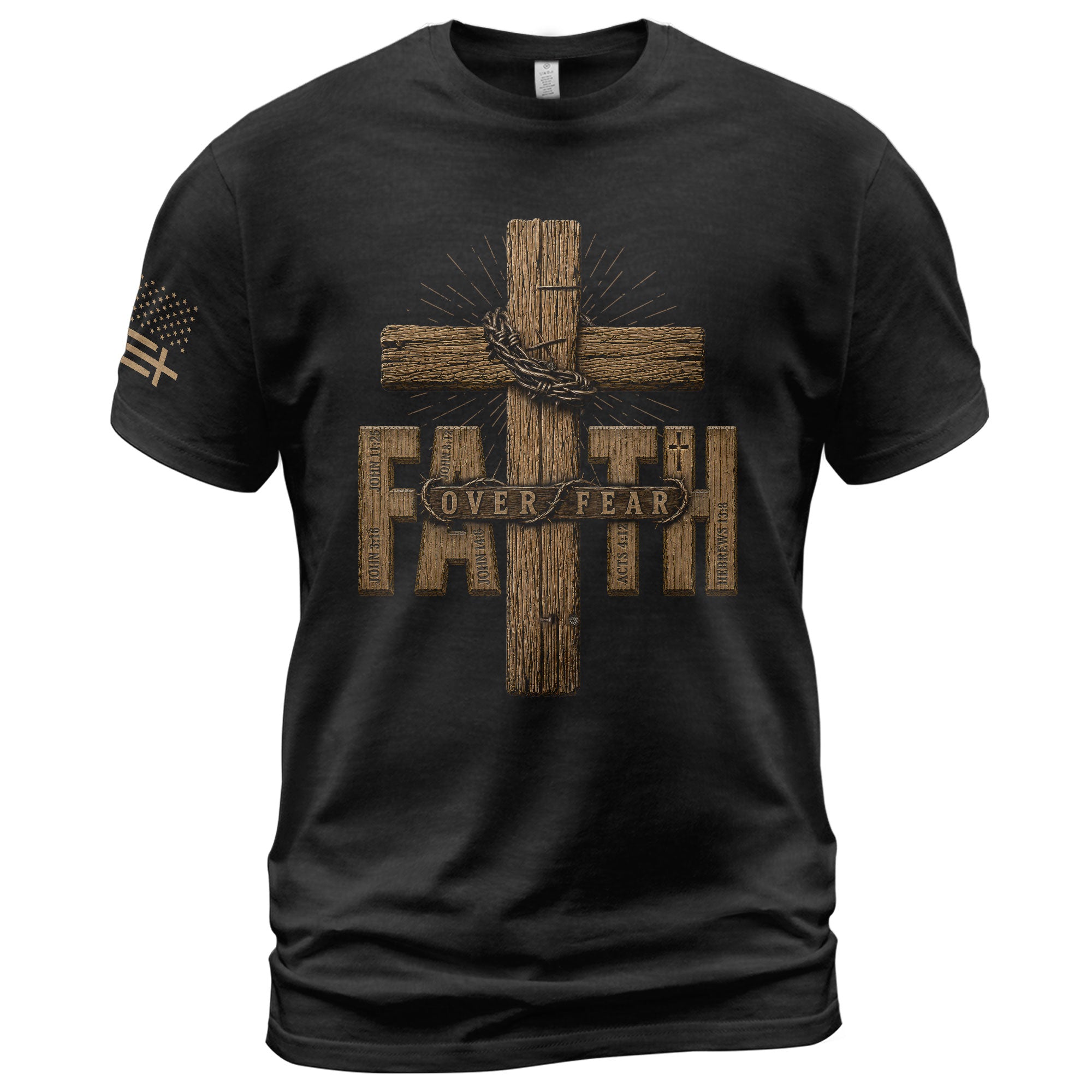 Faith Over Fear Wood Cross Scripture Christian Graphic Tee Shirt For Men Apparel - Rust Field Wear