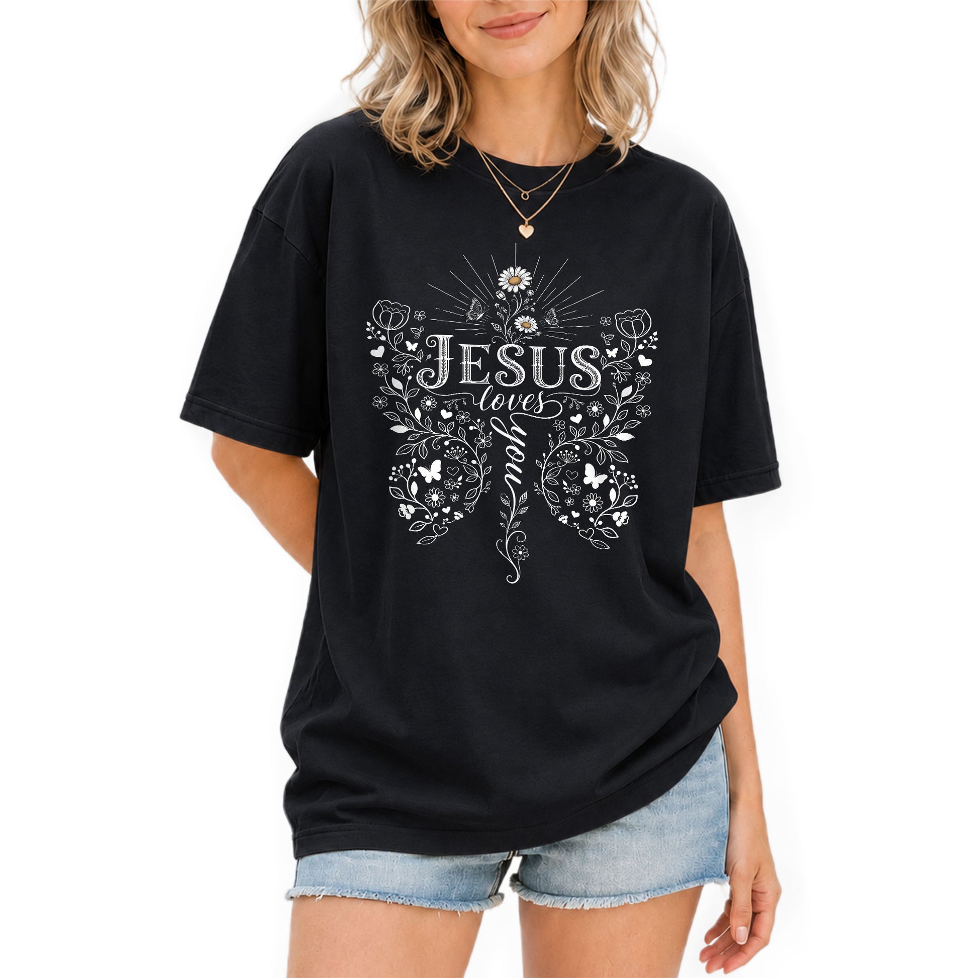 Jesus Loves You Butterfly Floral Christian Graphic Tee Shirt For Women Everyday Wear - Rust Field Wear