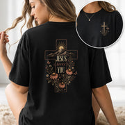 Jesus Loves You Cross Mountain Floral Christian Graphic Tee Shirt For Women Apparel - Rust Field Wear
