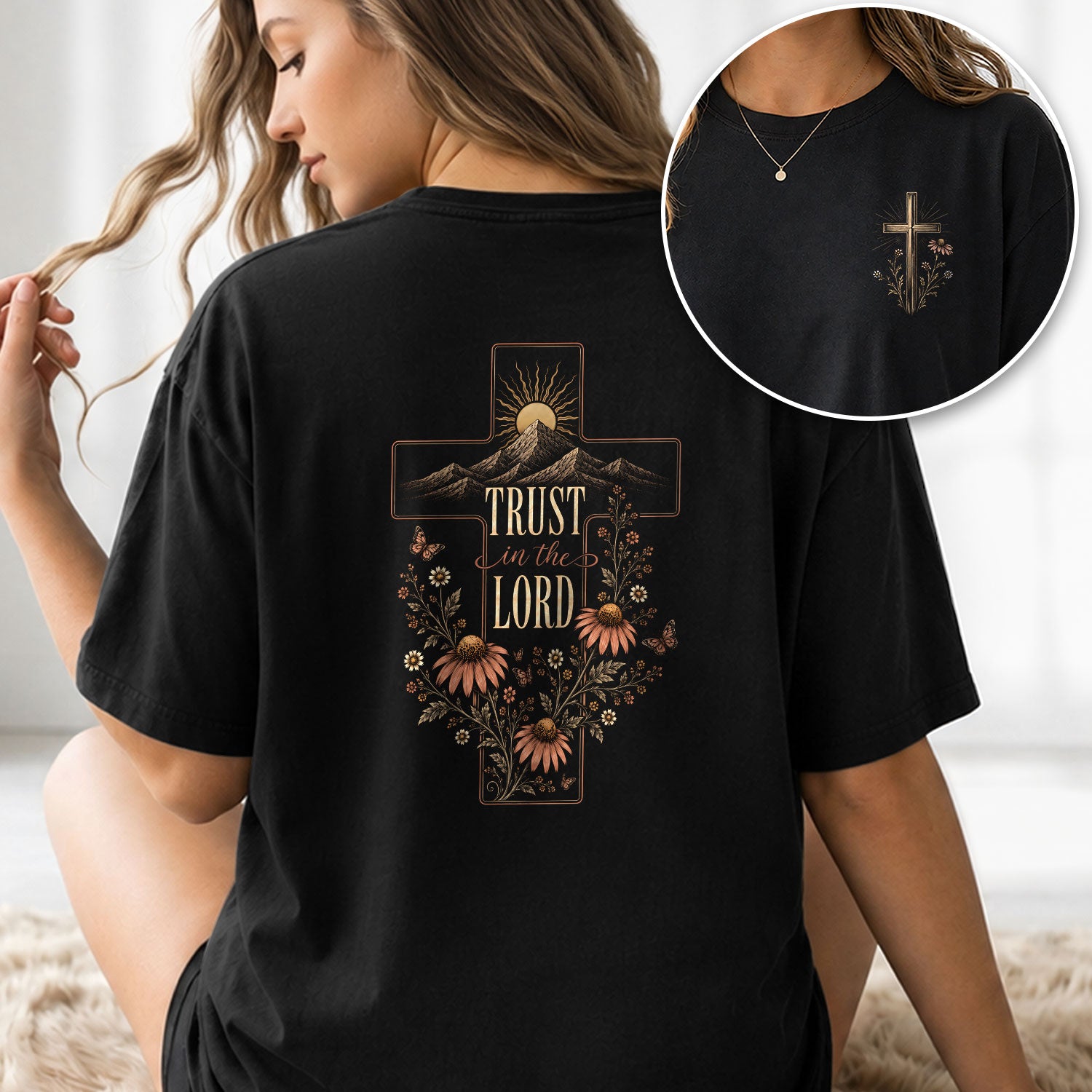 Trust In The Lord Cross Mountain Floral Christian Graphic Tee Shirt For Women Apparel - Rust Field Wear