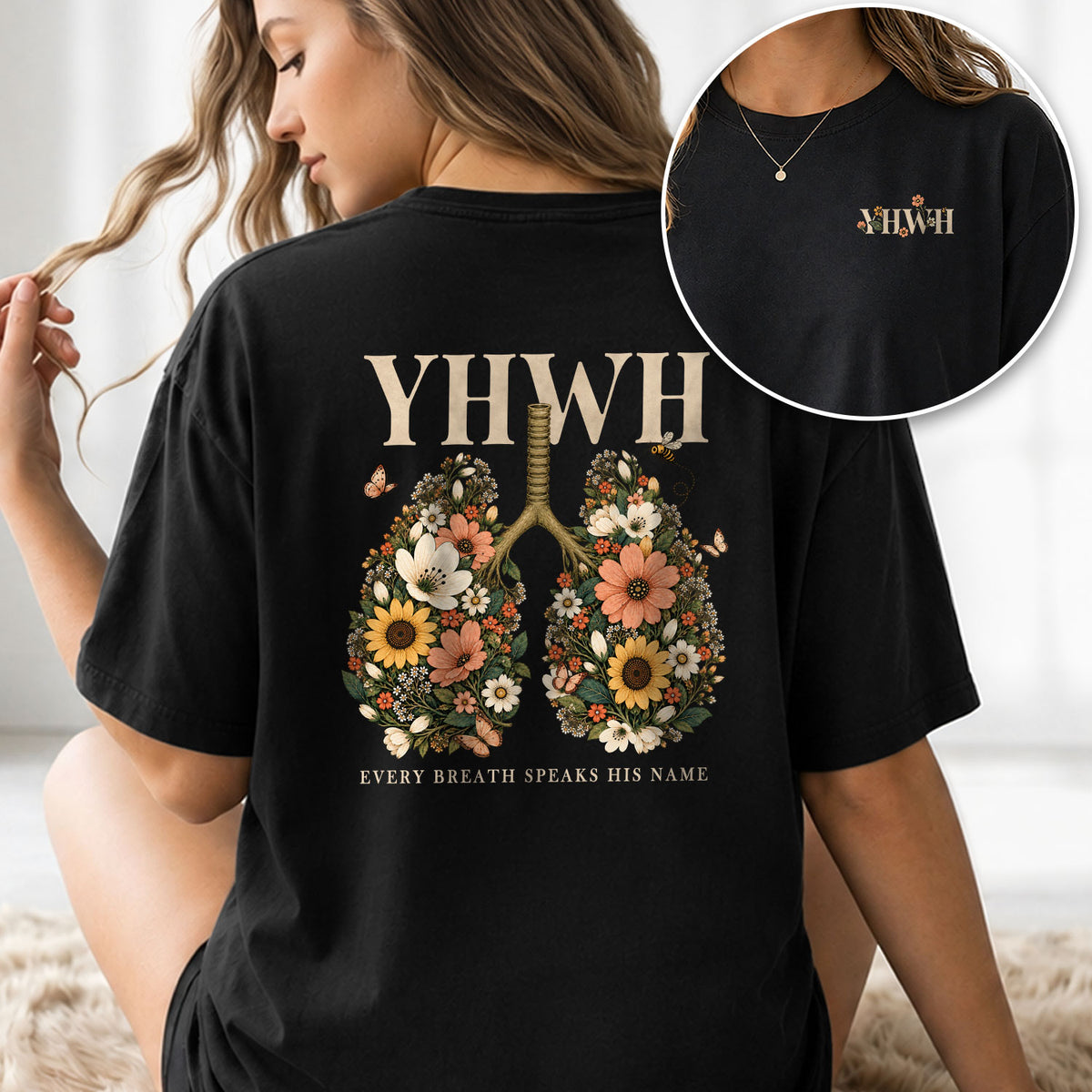 Holy Christian YHWH Floral Lungs Aesthetic Women Graphic Tee Shirt Vintage Cotton - Rust Field Wear