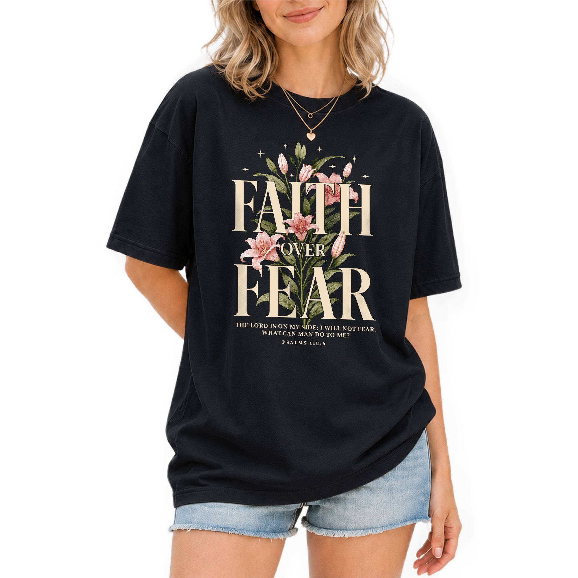 Faith Over Fear Psalms Scripture Lily Floral Blue Christian Tee For Women Apparel