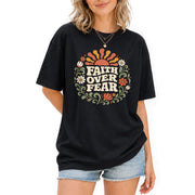 Faith Over Fear Retro Floral Sun Blue Christian Tee For Women Daily Graphic Apparel