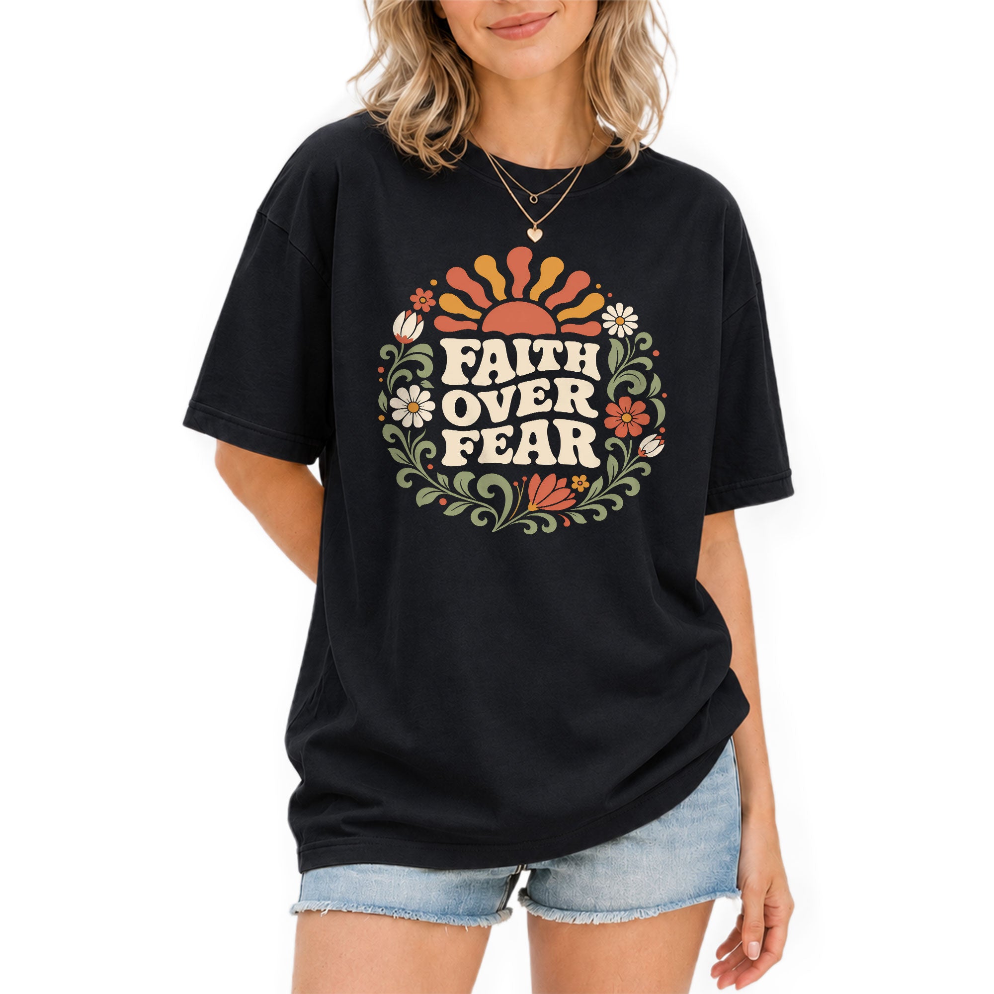 Faith Over Fear Retro Floral Sun Blue Christian Tee For Women Daily Graphic Apparel