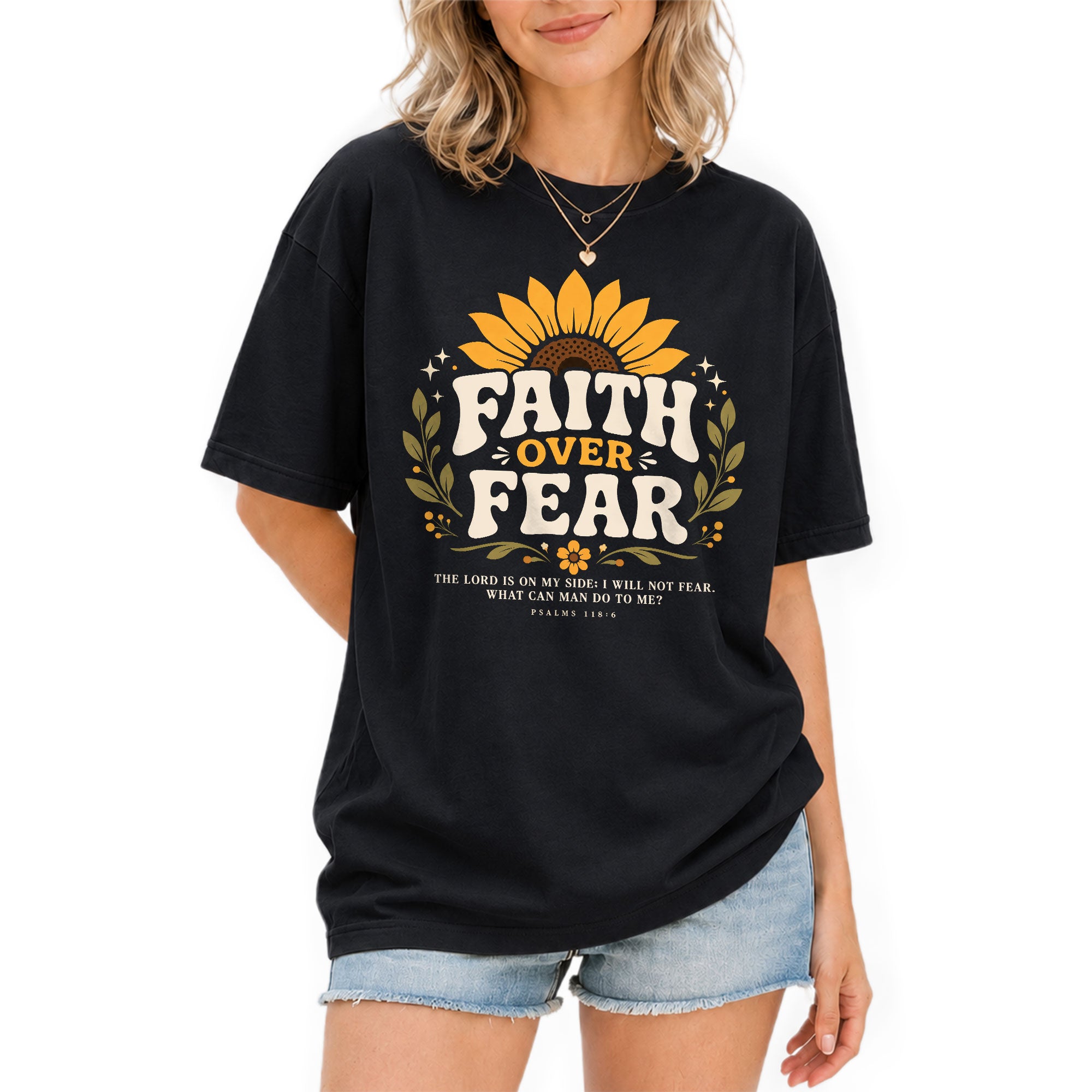 Faith Over Fear Sunflower Psalms Scripture Cute Blue Christian Tee For Women Apparel