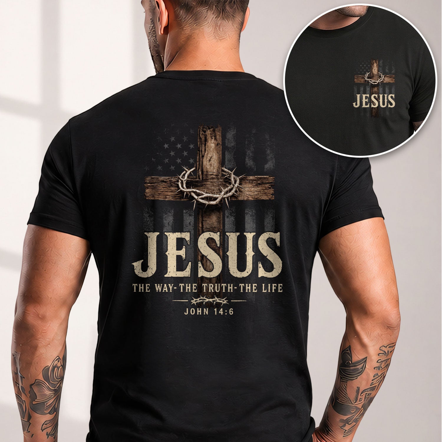 Jesus The Way The Truth The Life Men T-Shirt John 14 6 Wooden Cross Christian Graphic Tee