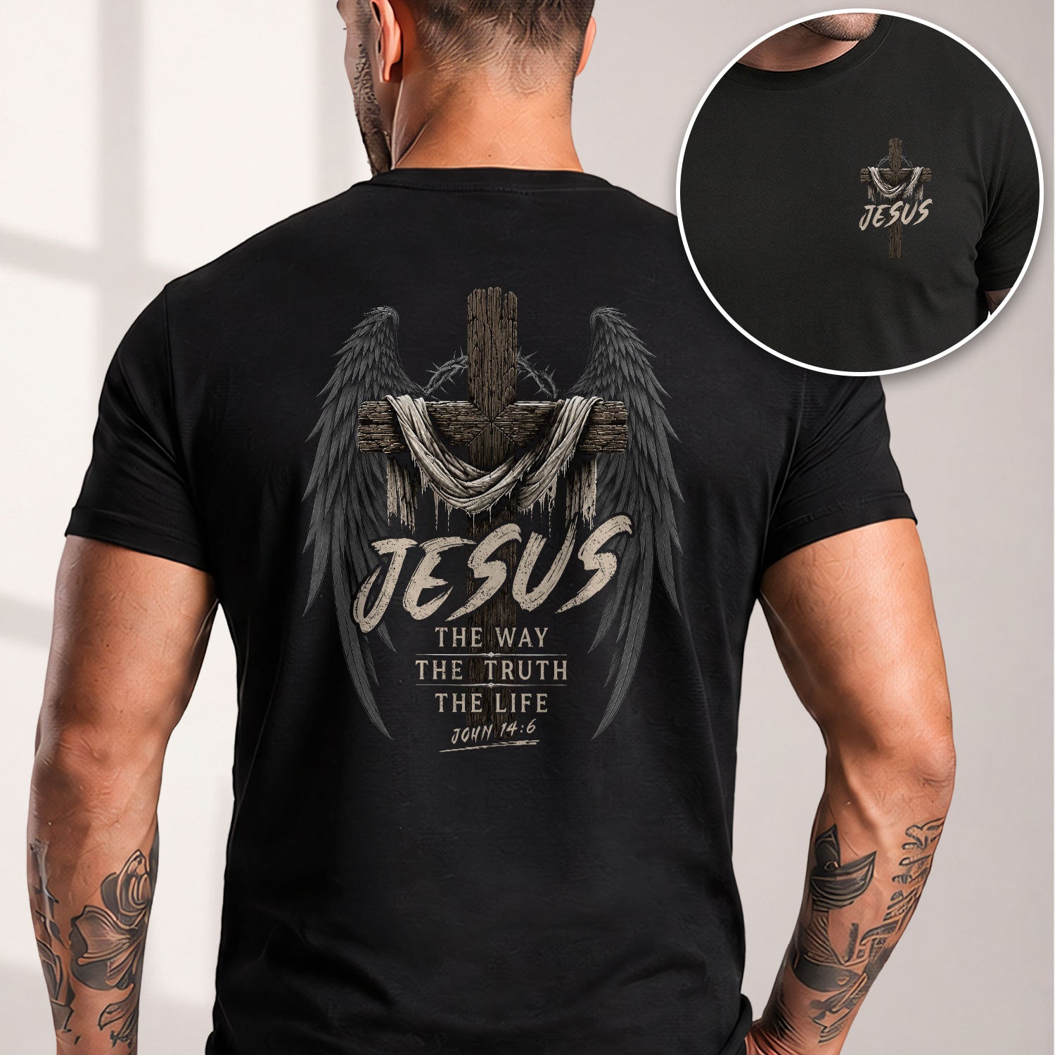 Jesus Shirt The Way The Truth The Life Men T-Shirt Angel Wings Cross Christian Faith Tee