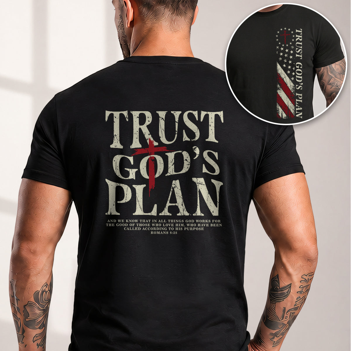 Trust Gods Plan Christian Bible Verse Cross American Flag Mens Graphic T Shirt Apparel - Rust Field Wear