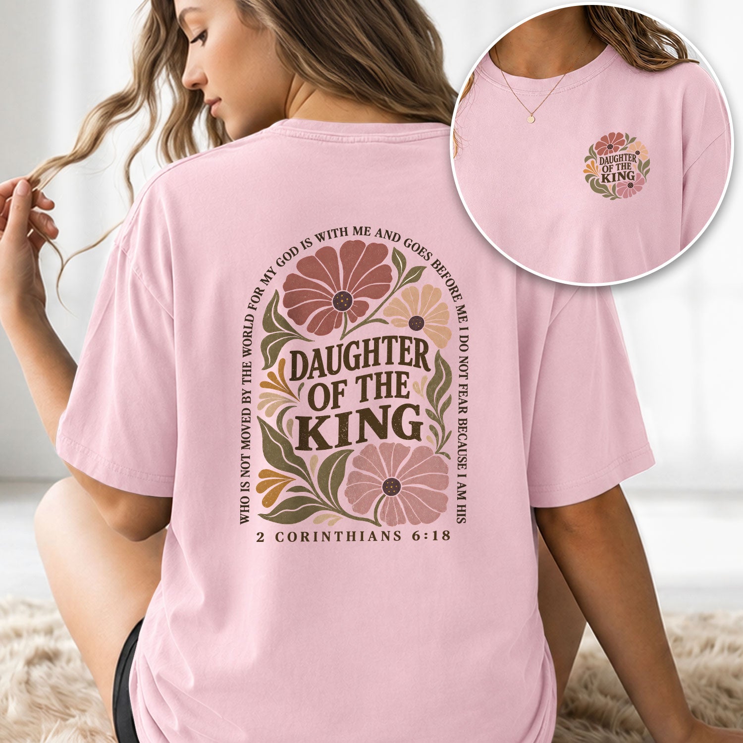 Daughter Of The King T-Shirt Christian Retro Floral Bible Verse Women Graphic Tee - Rust Field Wear
