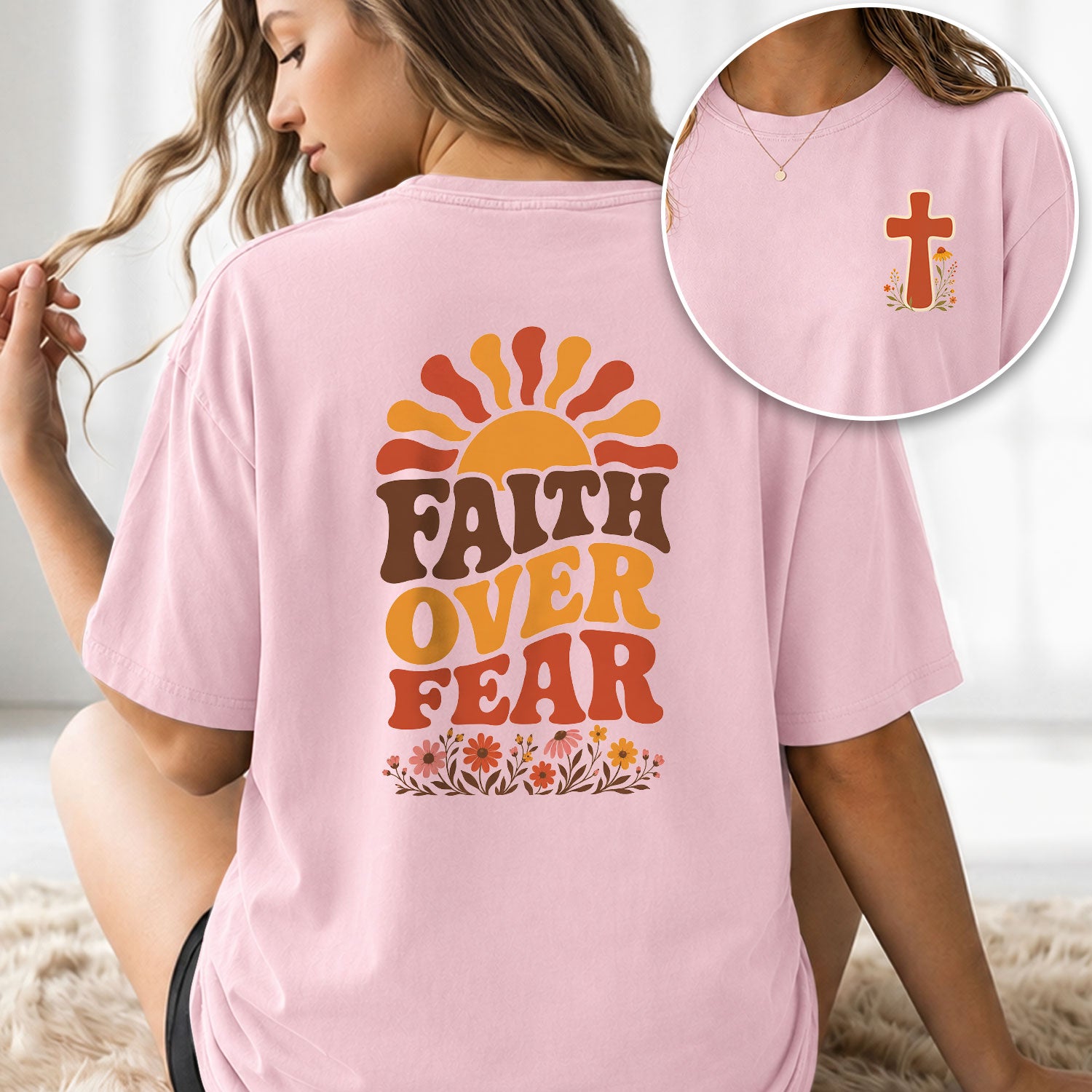 Faith Over Fear Retro Sun Floral Christian Graphic Casual Crewneck Tee Shirt Women - Rust Field Wear