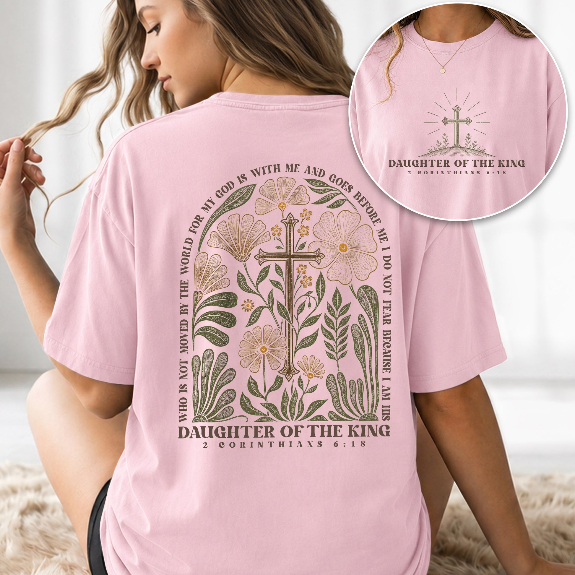 Daughter Of The King 2 Corinthians 6 18 Floral Cross Christian Graphic Tee Shirt Women - Rust Field Wear