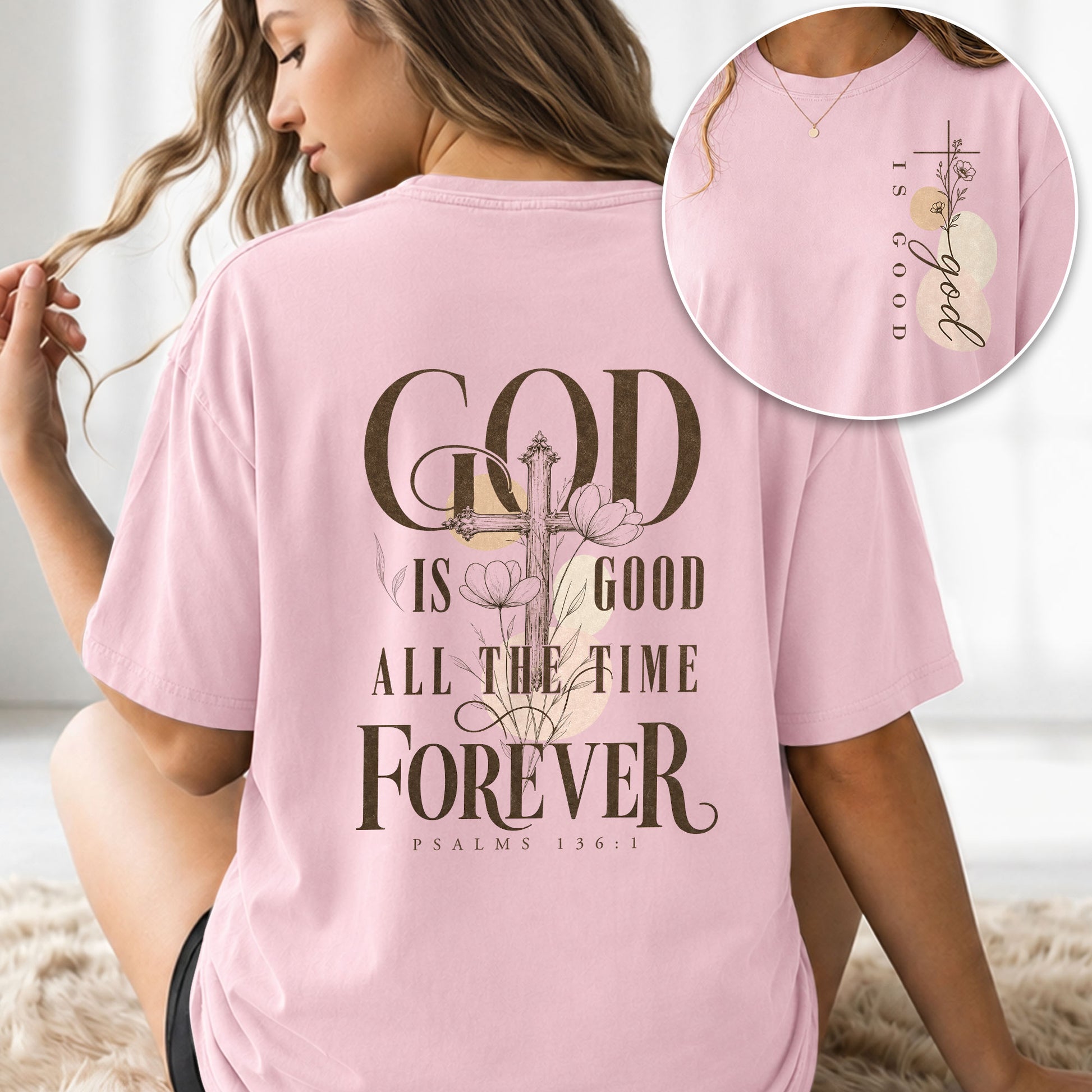 God Is Good Shirt Women Floral Cross Christian T-Shirt Faith Psalms 136 Scripture Tee - Rust Field Wear