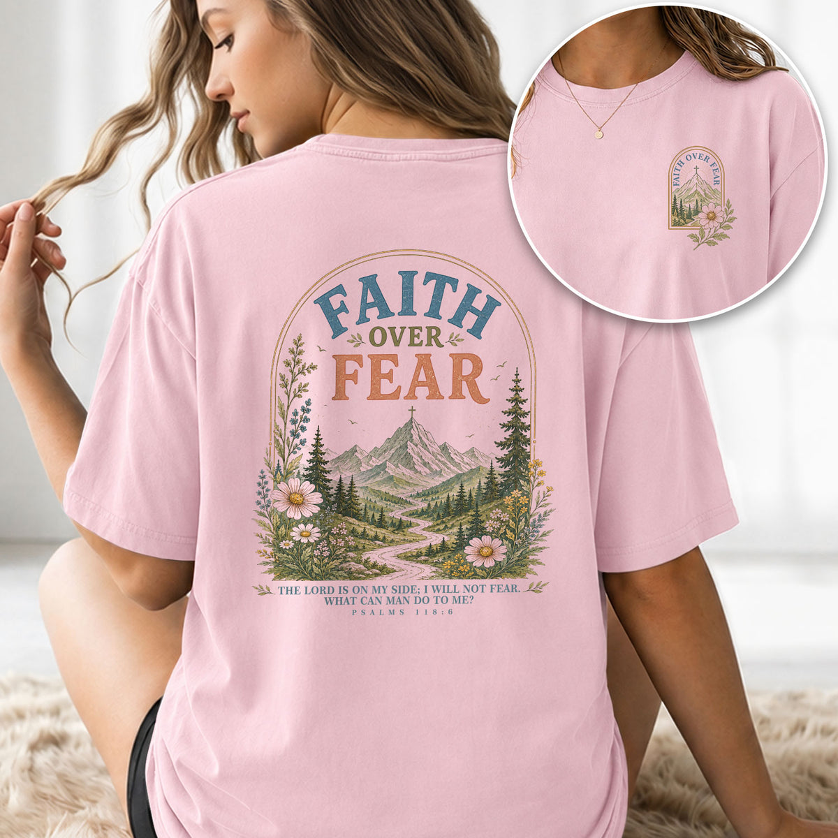 Inspirational Christian Faith Over Fear Mountain Aesthetic Women Graphic Tee Shirt - Rust Field Wear