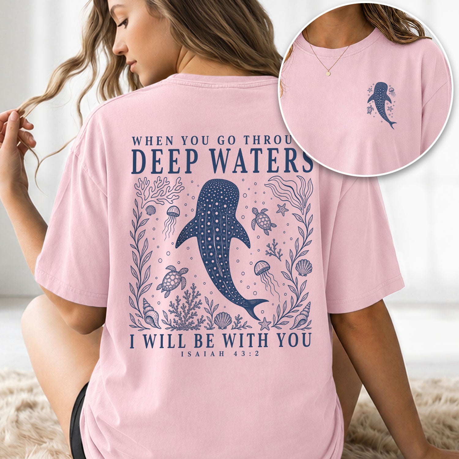 When You Go Through Deep Waters Whale Isaiah 43 2 Christian Graphic Tee Shirt Women - Rust Field Wear