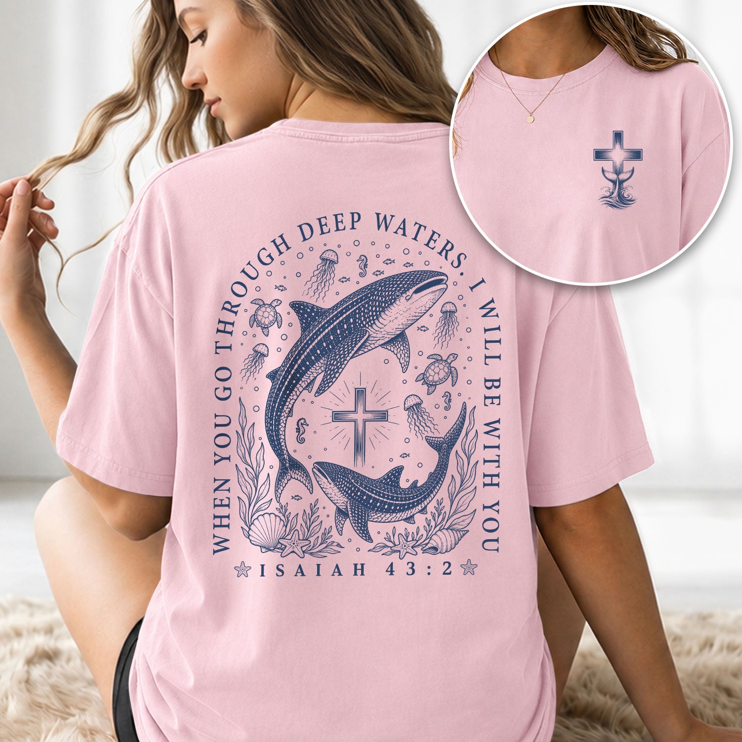 When You Go Through Deep Waters Whale Cross Christian Graphic Tee Shirt For Women - Rust Field Wear