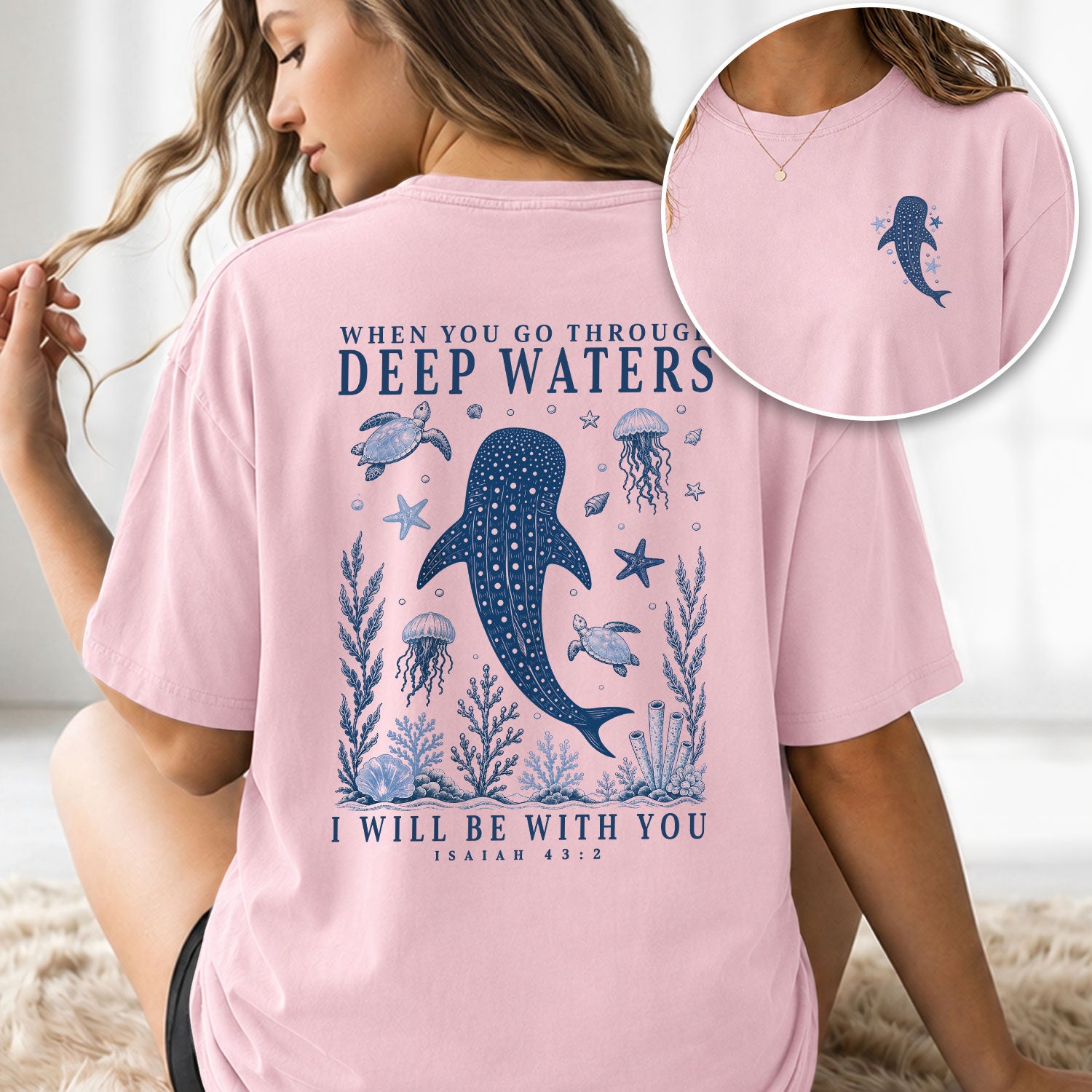 When You Go Through Deep Waters Whale Isaiah 43 2 Christian Graphic Tee Shirt For Women - Rust Field Wear