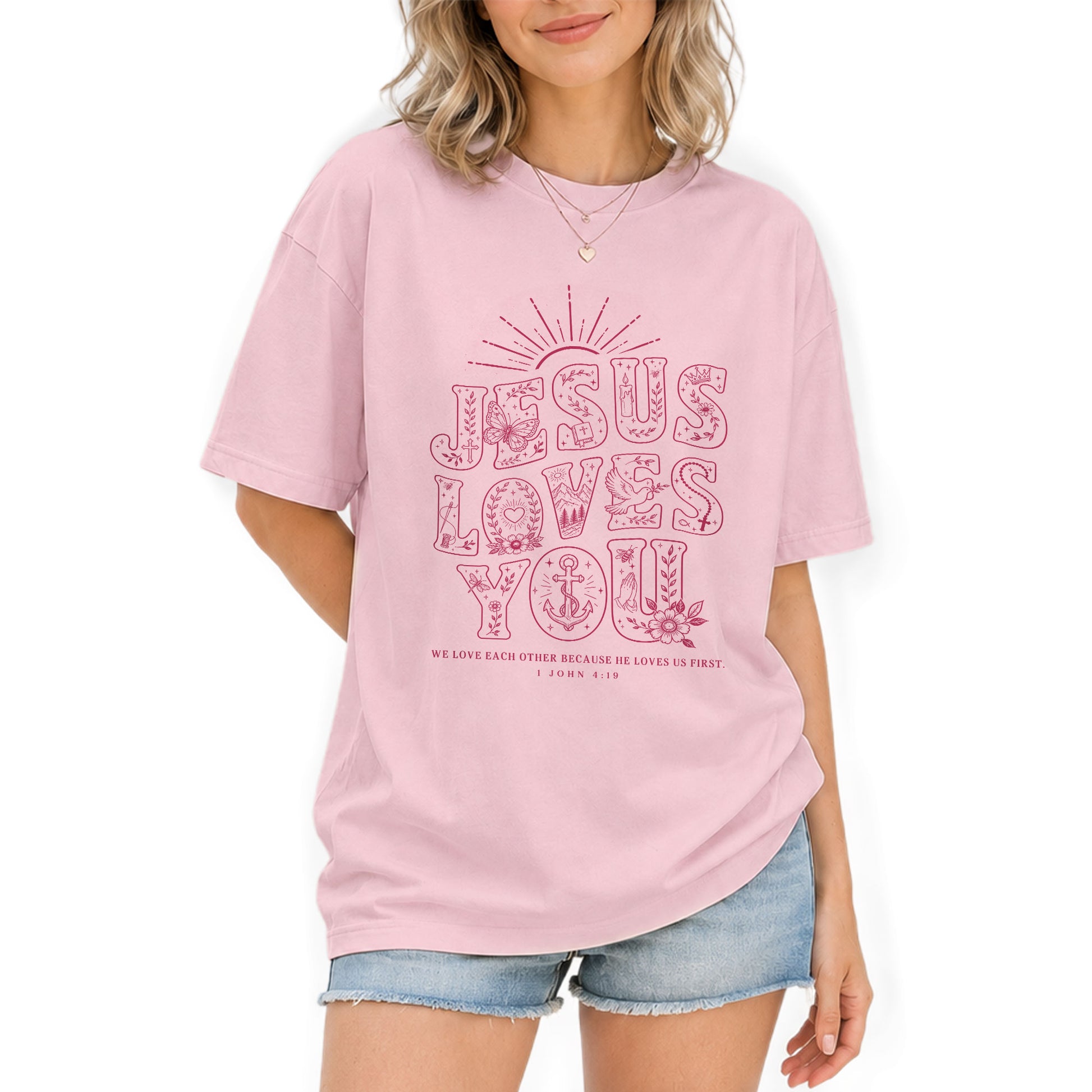 Jesus Loves You T-Shirt Christian Women Faith Shirt Aesthetic Doodle Line Art Graphic - Rust Field Wear