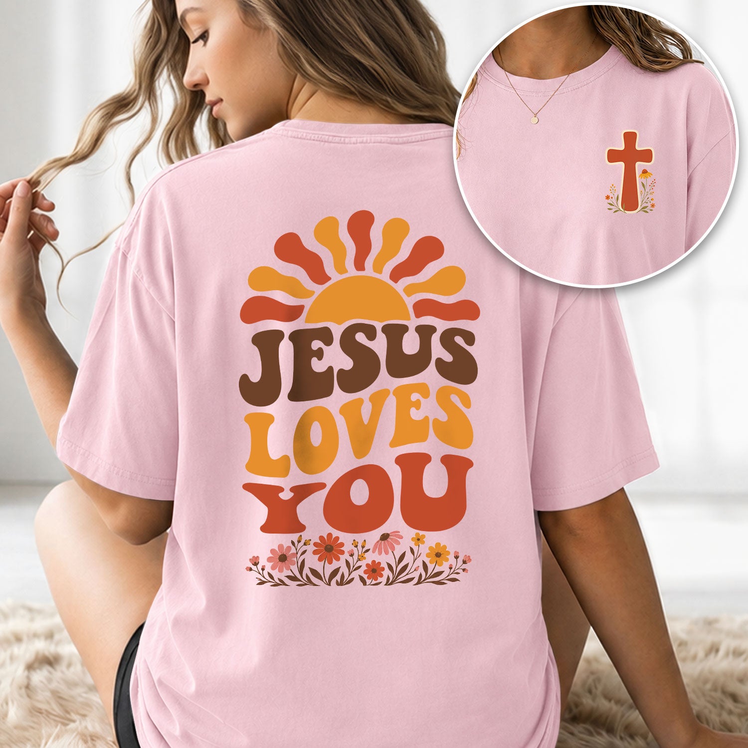 Jesus Loves You Retro Sun Floral Christian Graphic Tee Shirt For Women Everyday Wear - Rust Field Wear