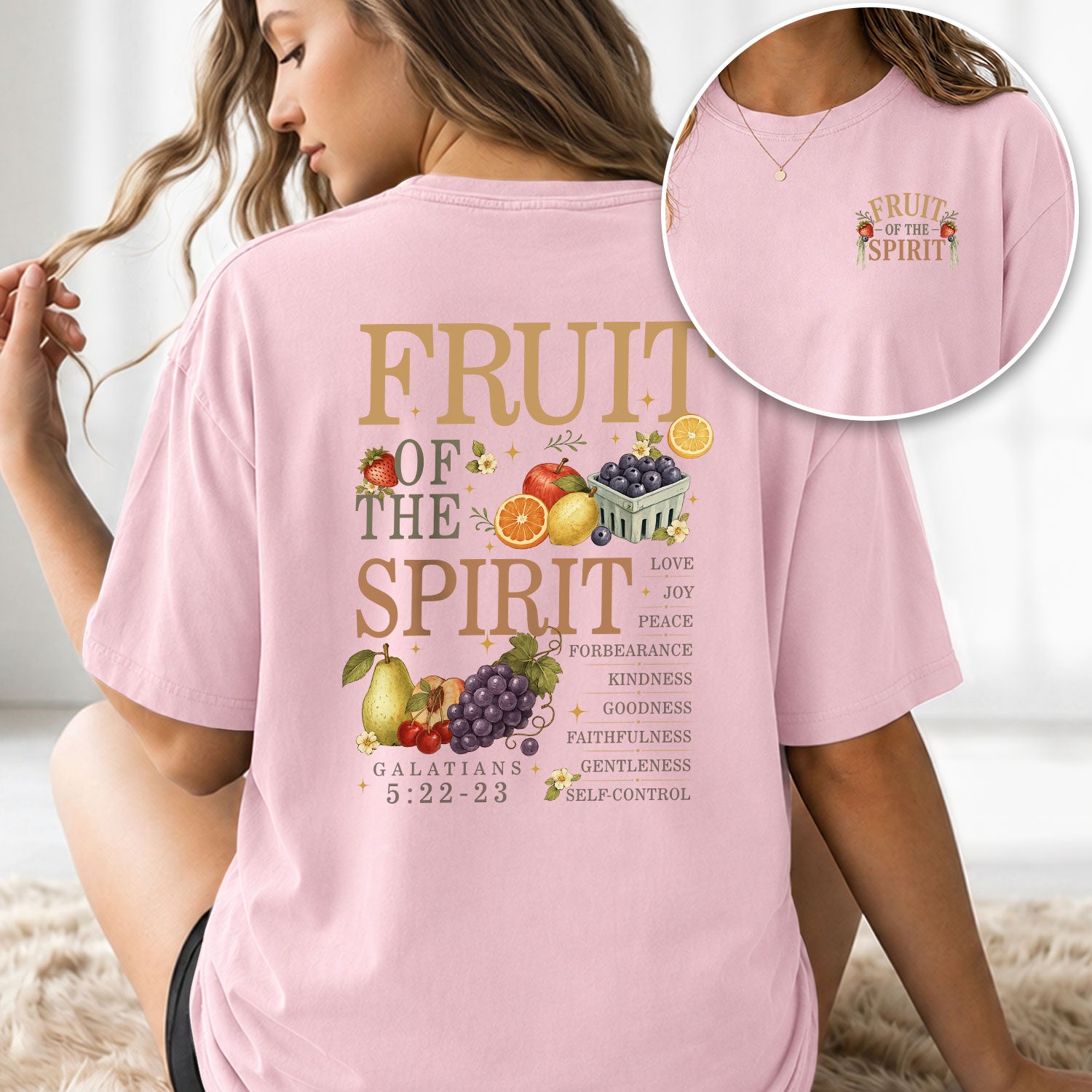 Fruit Of The Spirit Galatians Scripture Pink Cute Christian Tee For Women Apparel