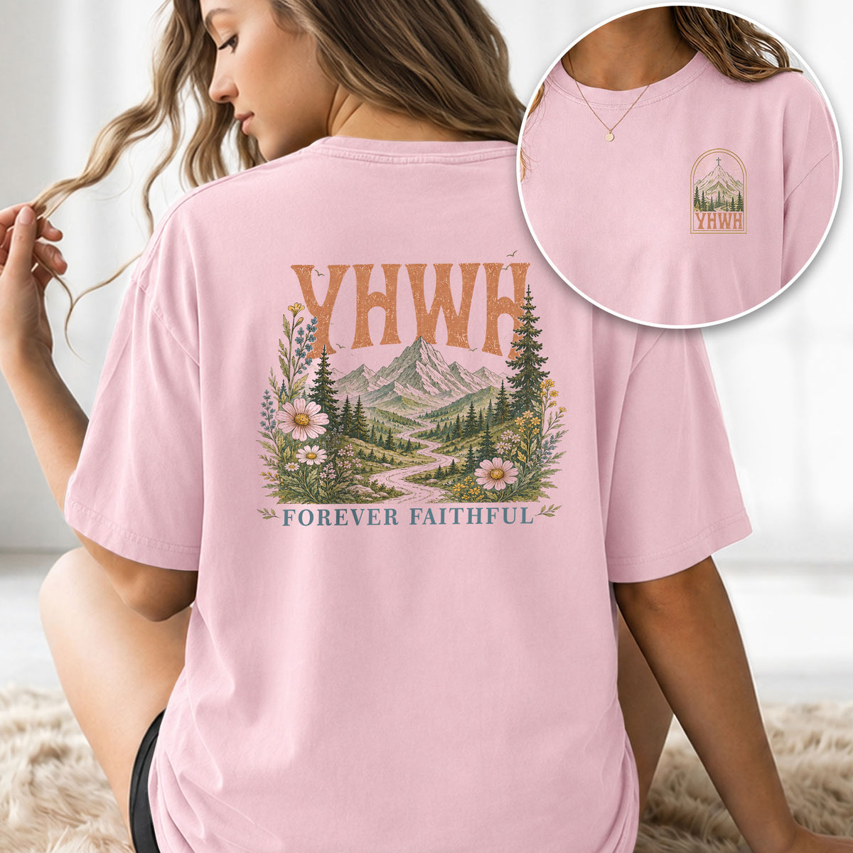 Spiritual Christian YHWH Mountain Nature Aesthetic Women Graphic Tee Shirt Vintage - Rust Field Wear
